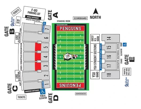 Stambaugh Stadium: Seating chart, Football. Use the source chart for section and row details.