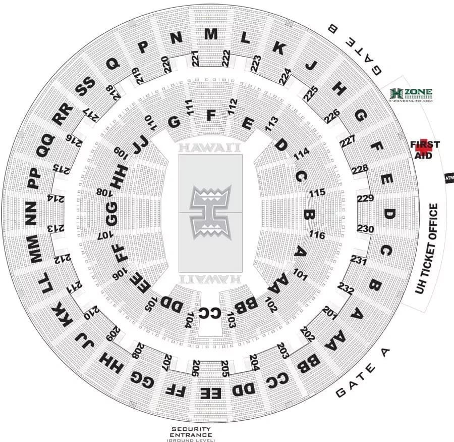 Bankoh Arena at Stan Sheriff Center: Seating chart, 2013 owner-linked bowl reference · lettered areas, Gates A/B and services. Use the source chart for section and row details.