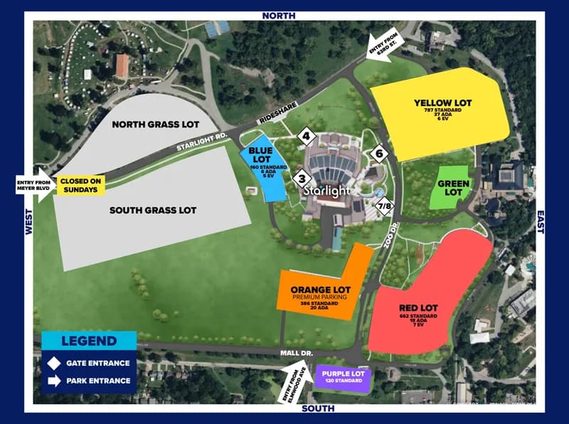 Starlight Theatre: Venue layout, Starlight Theatre — official current-linked 2026 parking and entrance plan. Use the original map for routes and visitor facilities.