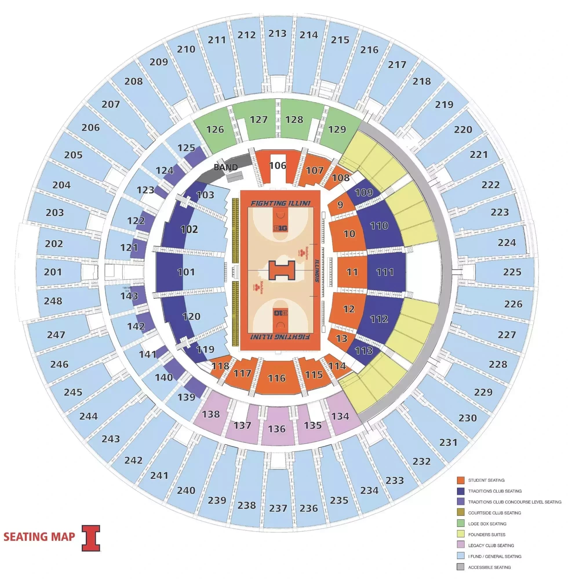 State Farm Center: Seating chart, State Farm Center — 2025–26 men’s basketball sections. Use the source chart for section and row details.