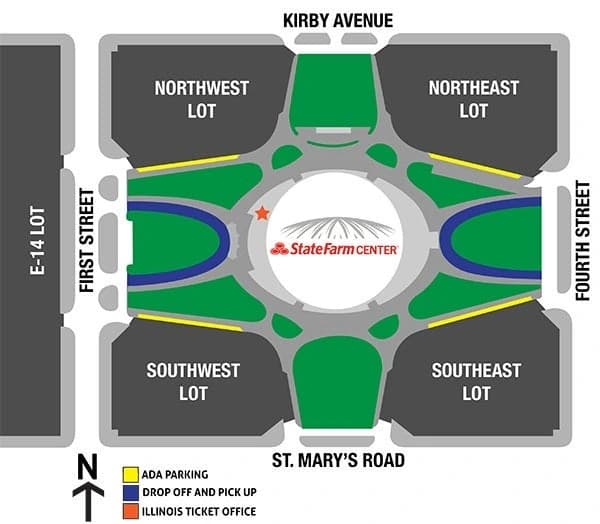 State Farm Center: Venue layout, State Farm Center — parking, accessible spaces and drop-off. Use the original map for routes and visitor facilities.