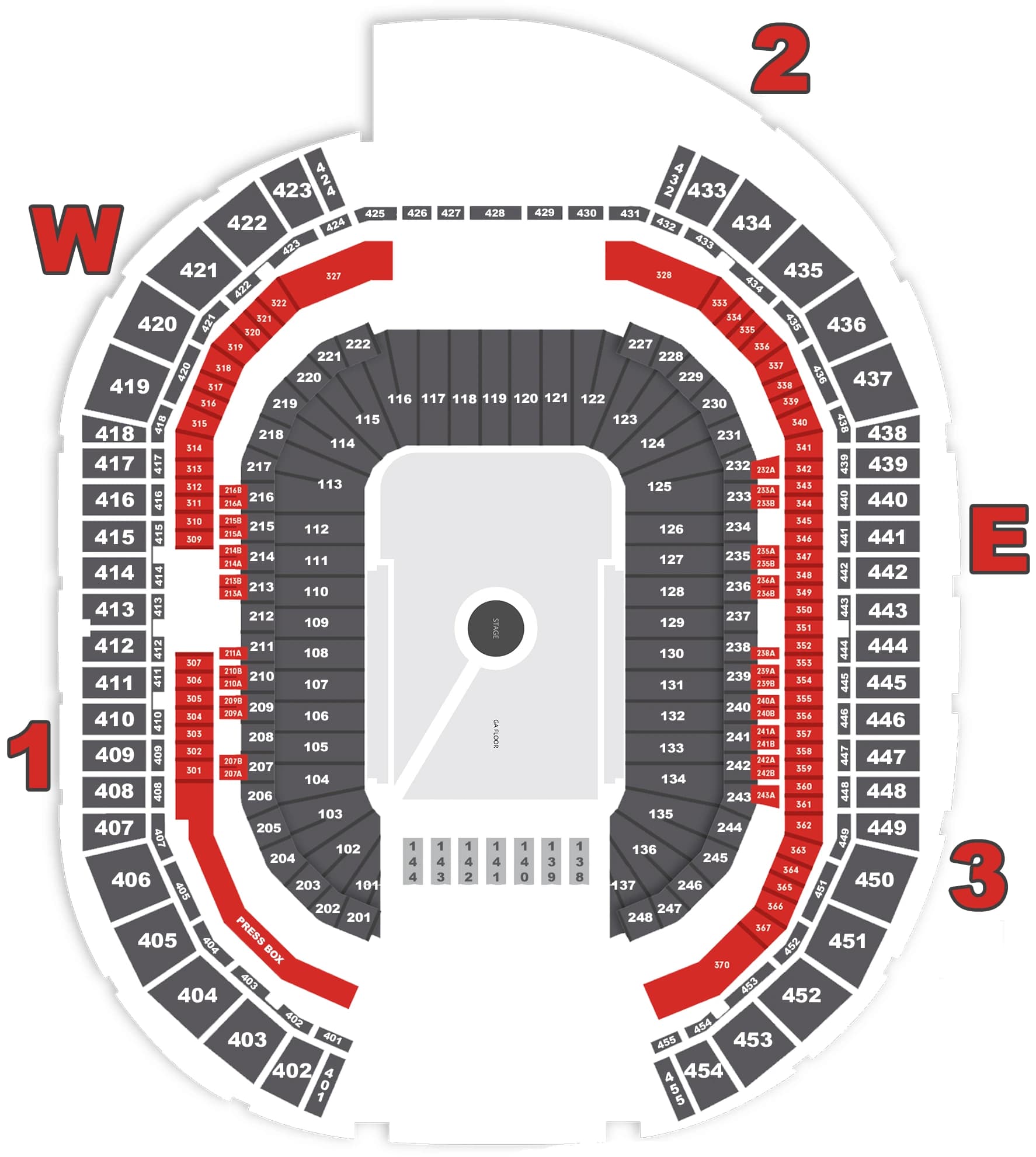 State Farm Stadium: Seating chart, Concert · center stage. Use the source chart for section and row details.