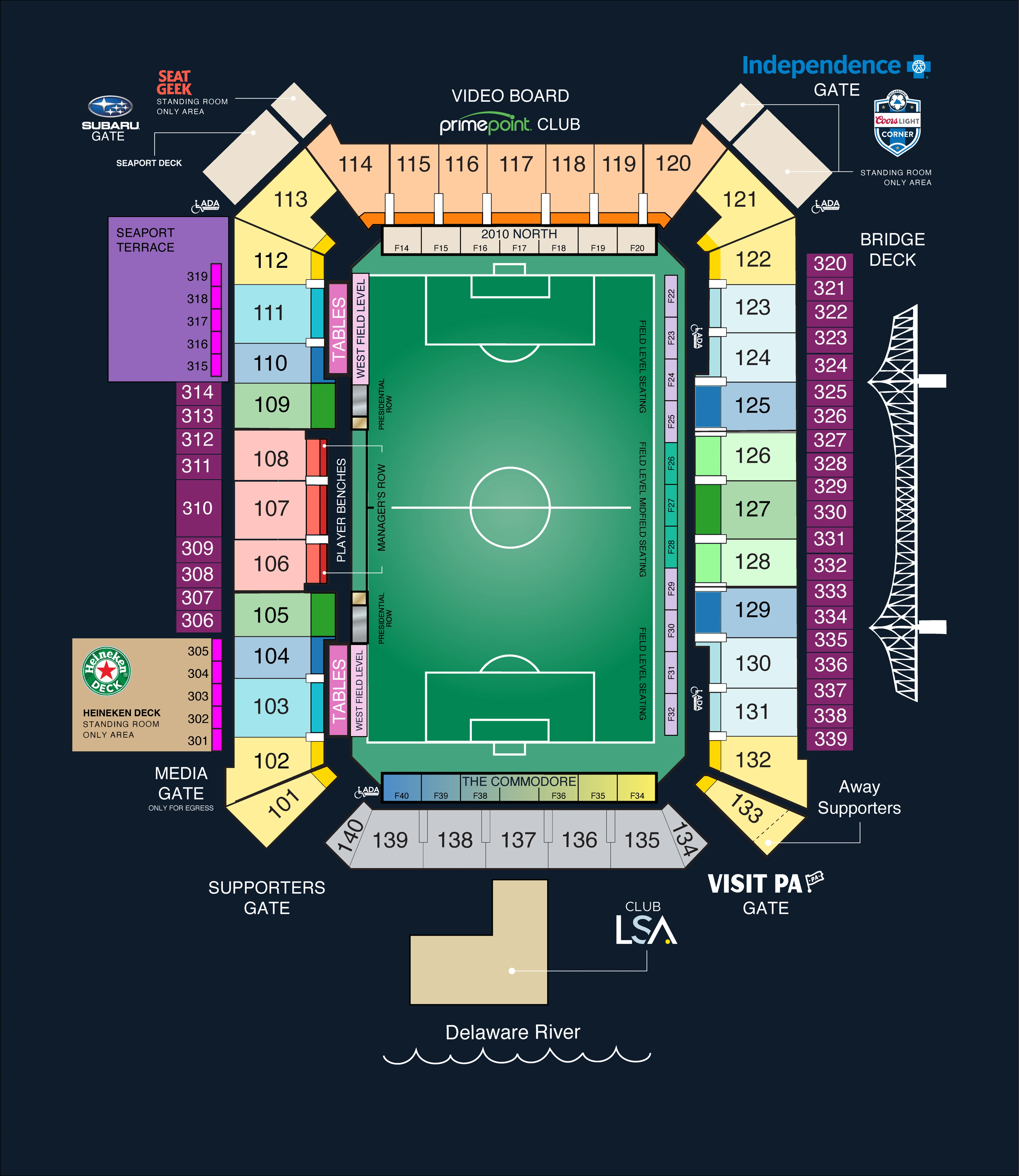 Subaru Park: Seating chart, Subaru Park — 2026 soccer sections and premium areas. Use the source chart for section and row details.