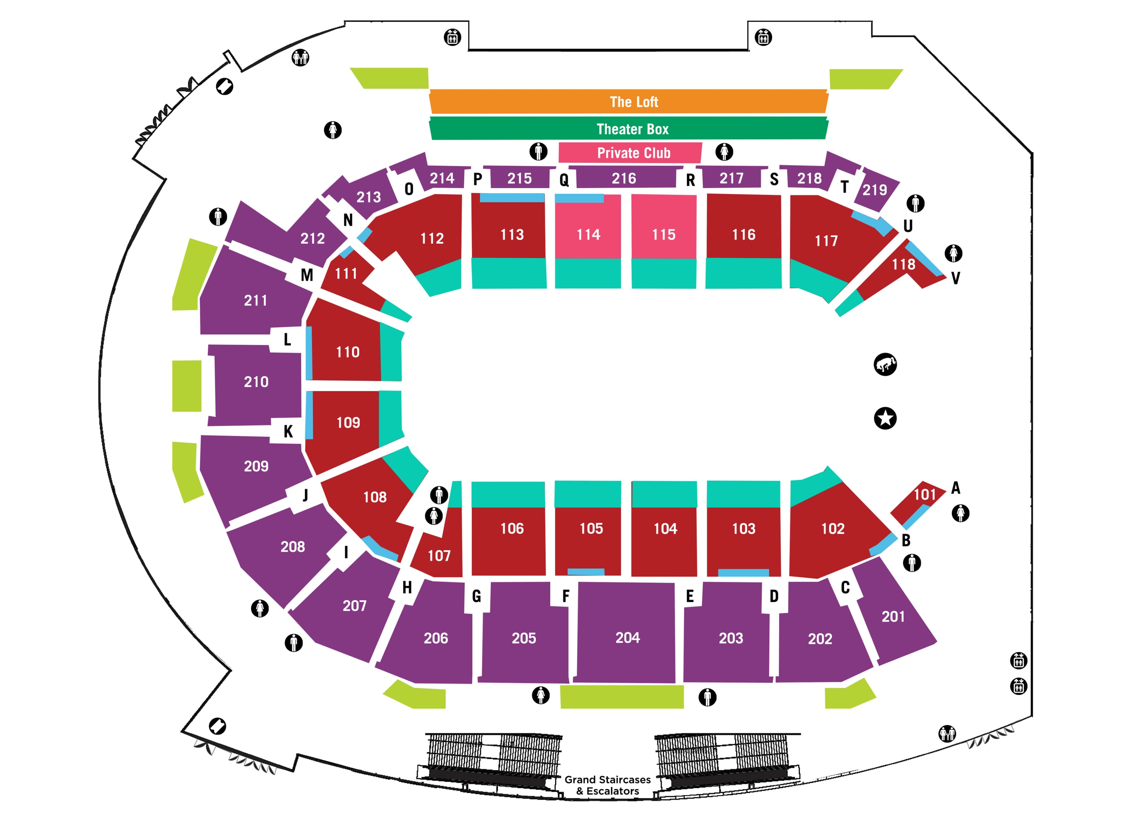 Summit Arena at The Monument: Seating chart, Summit Arena — lower and upper section overview. Use the source chart for section and row details.