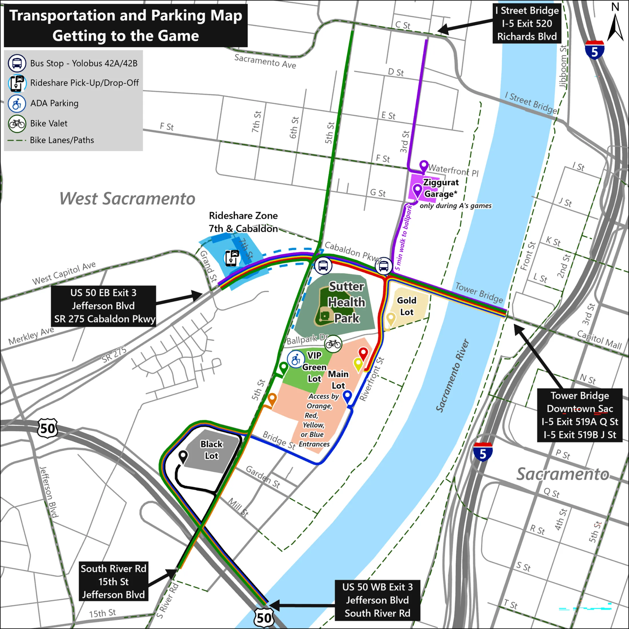 Sutter Health Park: Venue layout, Athletics — current Sutter Health Park transportation and parking plan. Use the original map for routes and visitor facilities.
