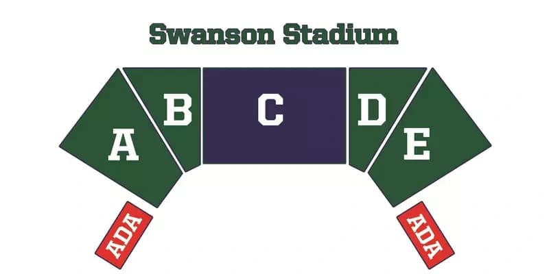 Swanson Stadium: Seating chart, Baseball · sections A–E and accessible seating. Use the source chart for section and row details.