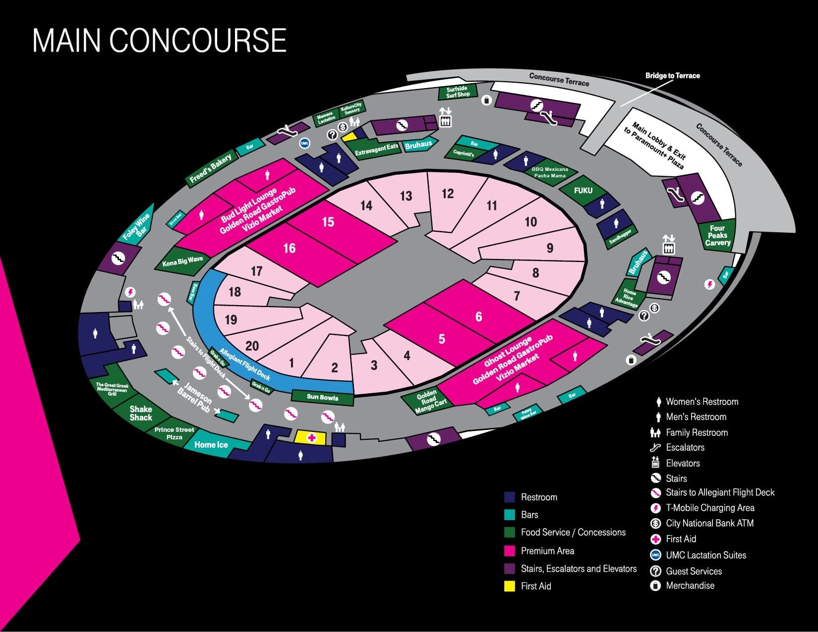 T-Mobile Arena: Seating chart, T-Mobile Arena — main concourse and lower-bowl sections. Use the source chart for section and row details.