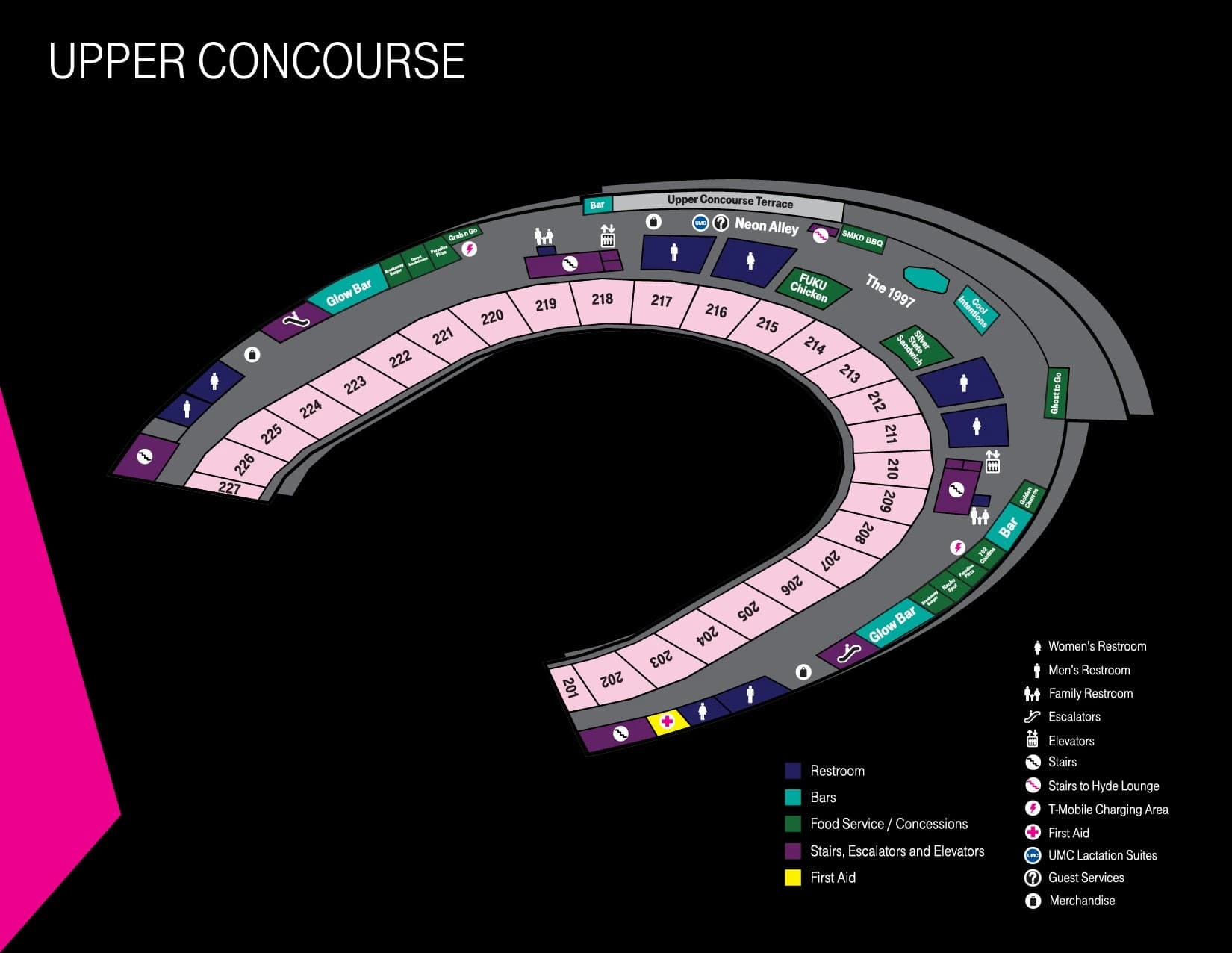 T-Mobile Arena: Seating chart, T-Mobile Arena — upper concourse and 200-level sections. Use the source chart for section and row details.