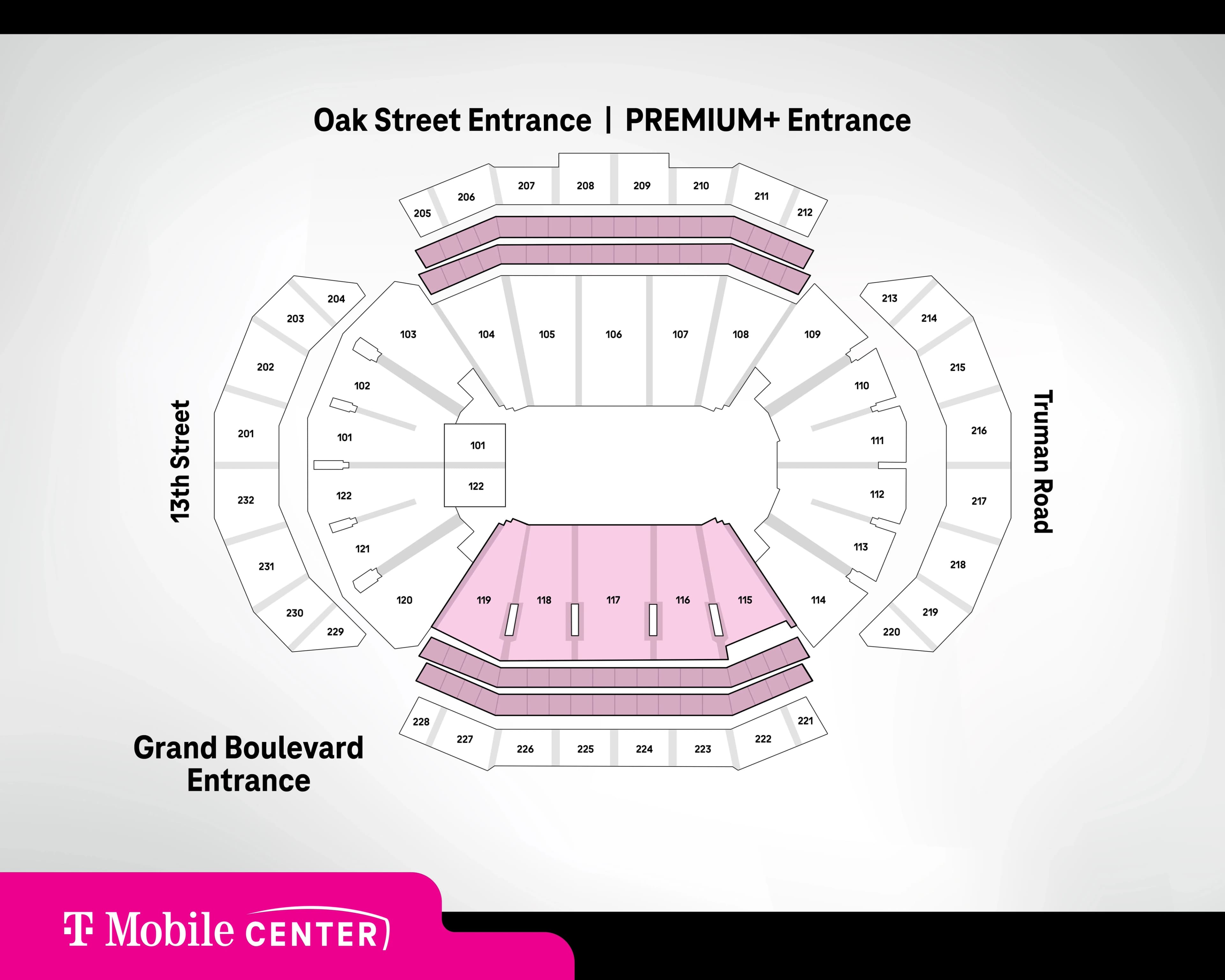 T-Mobile Center: Seating chart, T-Mobile Center — numbered bowl and premium sections. Use the source chart for section and row details.