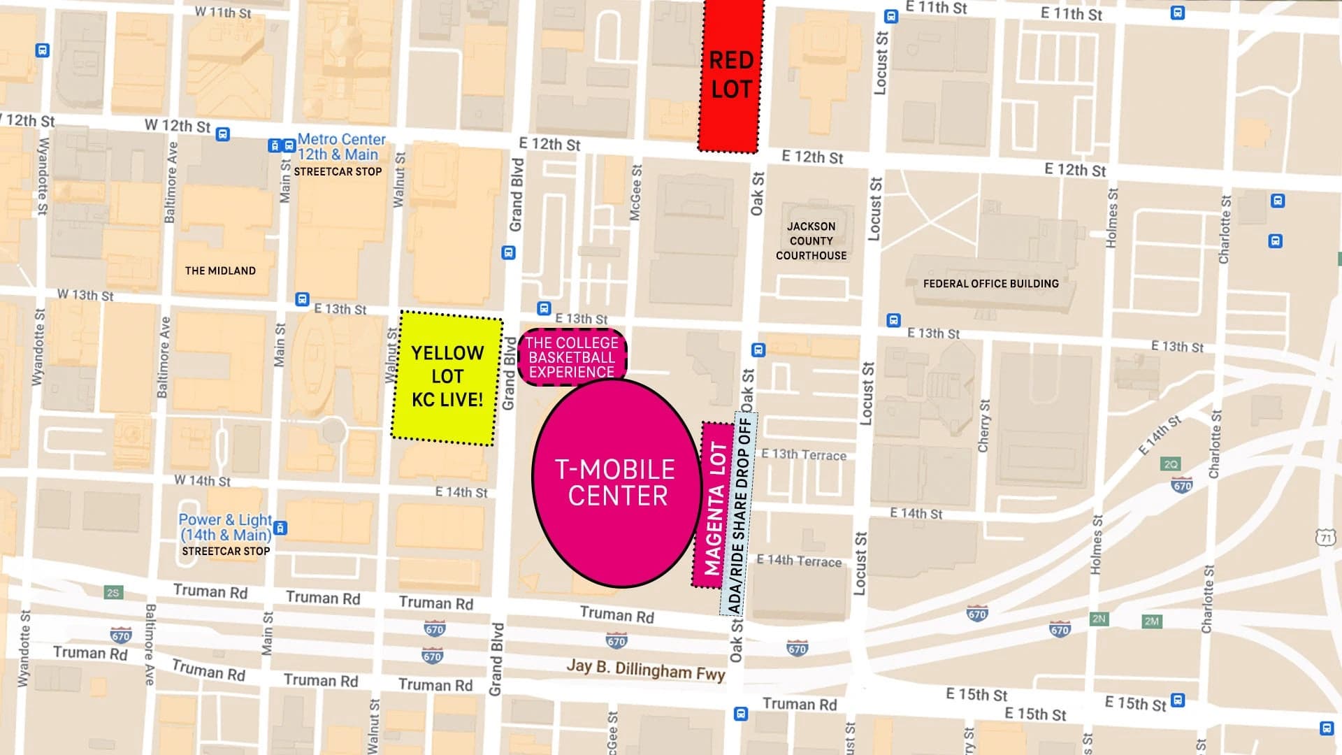 T-Mobile Center: Venue layout, T-Mobile Center — official downtown parking orientation. Use the original map for routes and visitor facilities.