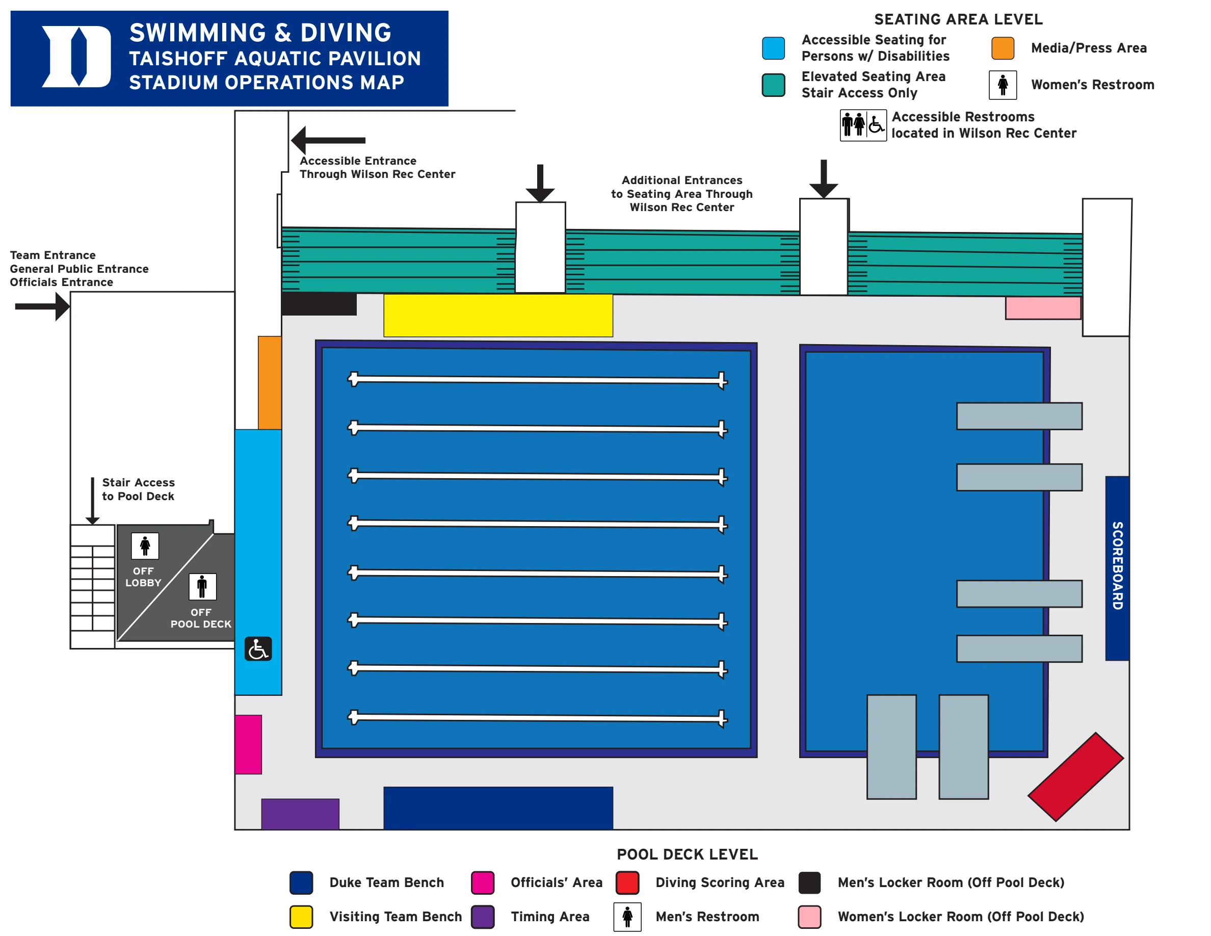Taishoff Aquatics Pavilion: Venue layout, Competition-pool spectator seating and access layout. Use the original map for routes and visitor facilities.