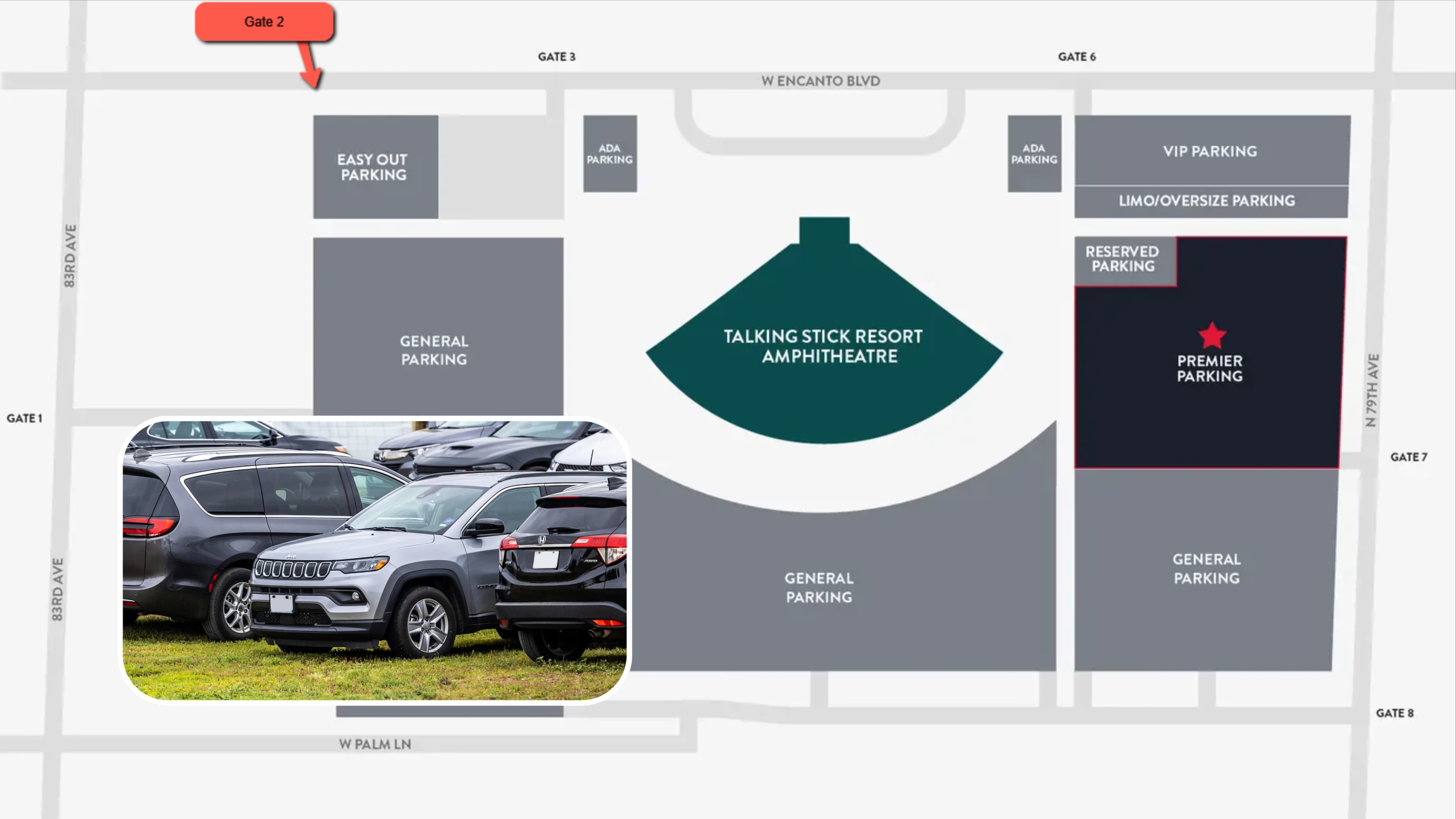 Talking Stick Resort Amphitheatre: Venue layout, Talking Stick Resort Amphitheatre — parking and approach roads. Use the original map for routes and visitor facilities.