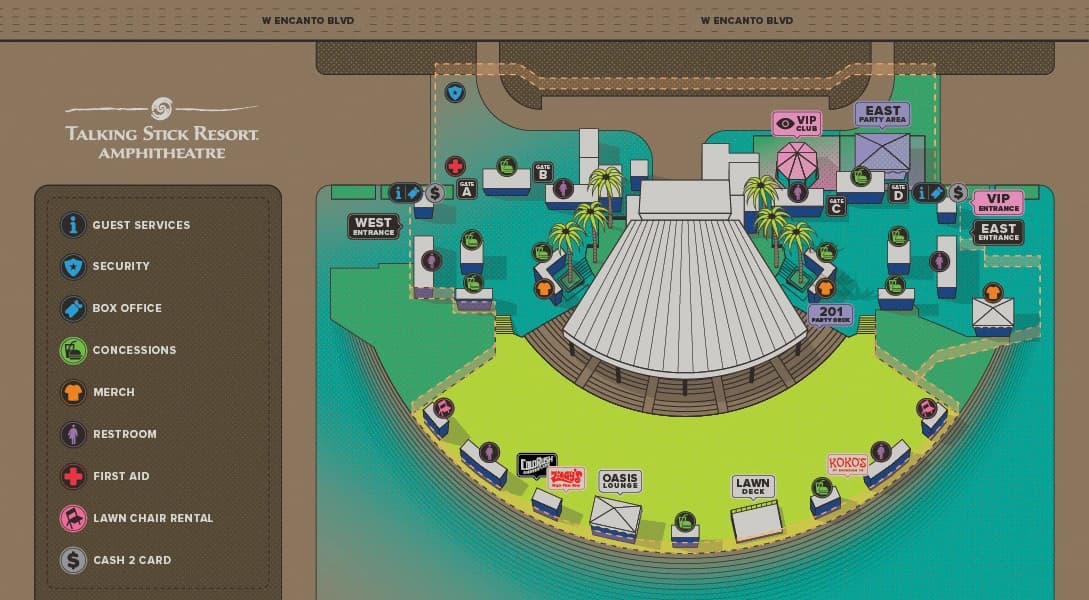 Talking Stick Resort Amphitheatre: Venue layout, Talking Stick Resort Amphitheatre — gates, sections and services. Use the original map for routes and visitor facilities.