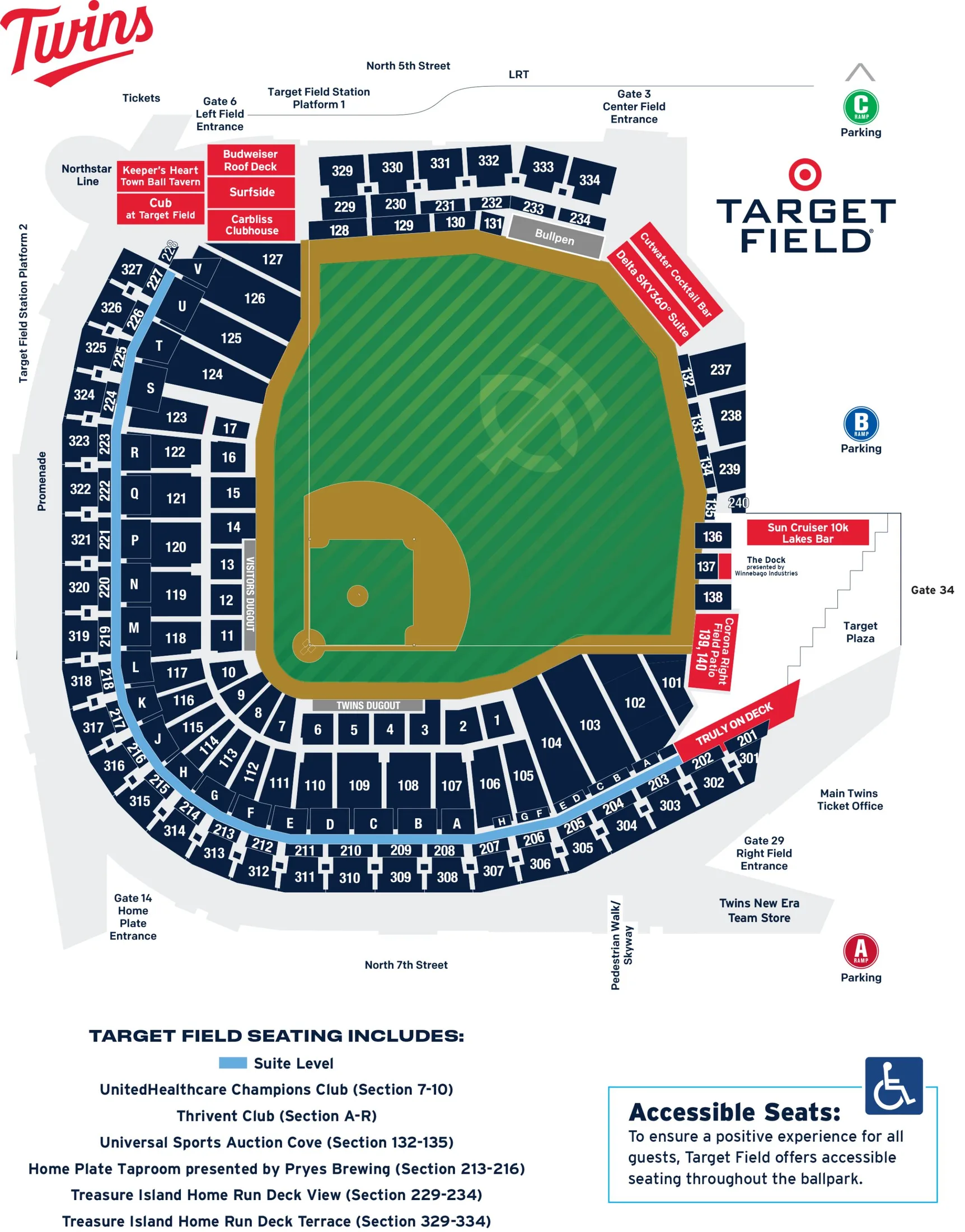 Target Field: Seating chart, Baseball seating sections and accessible seating. Use the source chart for section and row details.