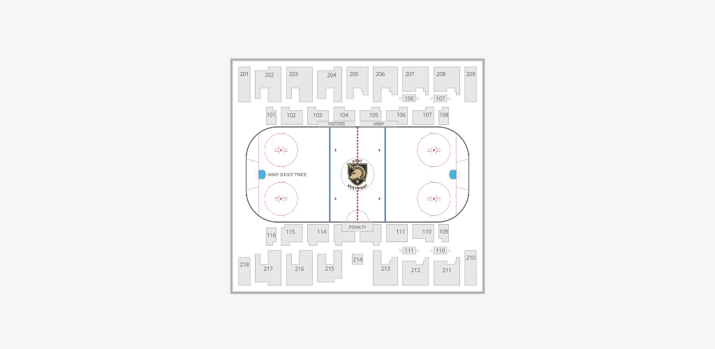 Tate Rink: Seating chart, Tate Rink — hockey section and bench reference. Use the source chart for section and row details.