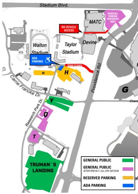 Taylor Stadium: Venue layout, Taylor Stadium — official baseball parking plan. Use the original map for routes and visitor facilities.