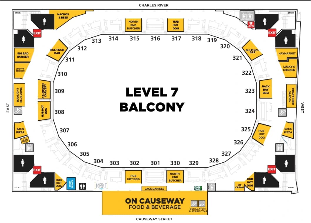 TD Garden: Venue layout, TD Garden — Level 7 Balcony concourse plan. Use the original map for routes and visitor facilities.