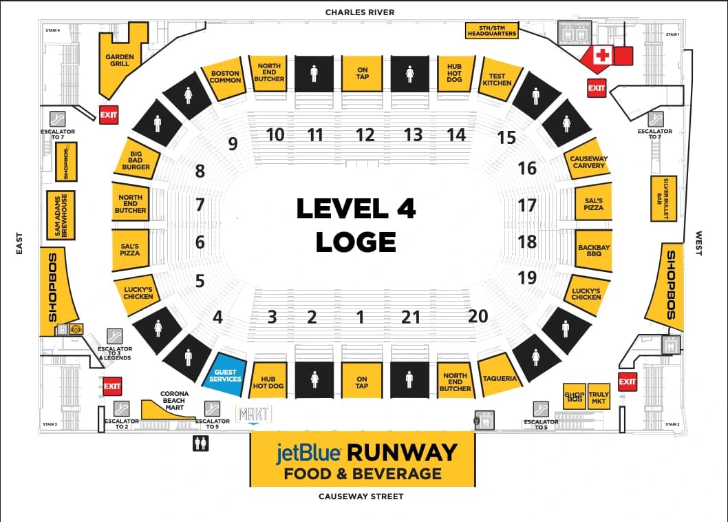 TD Garden: Venue layout, TD Garden — Level 4 Loge concourse plan. Use the original map for routes and visitor facilities.