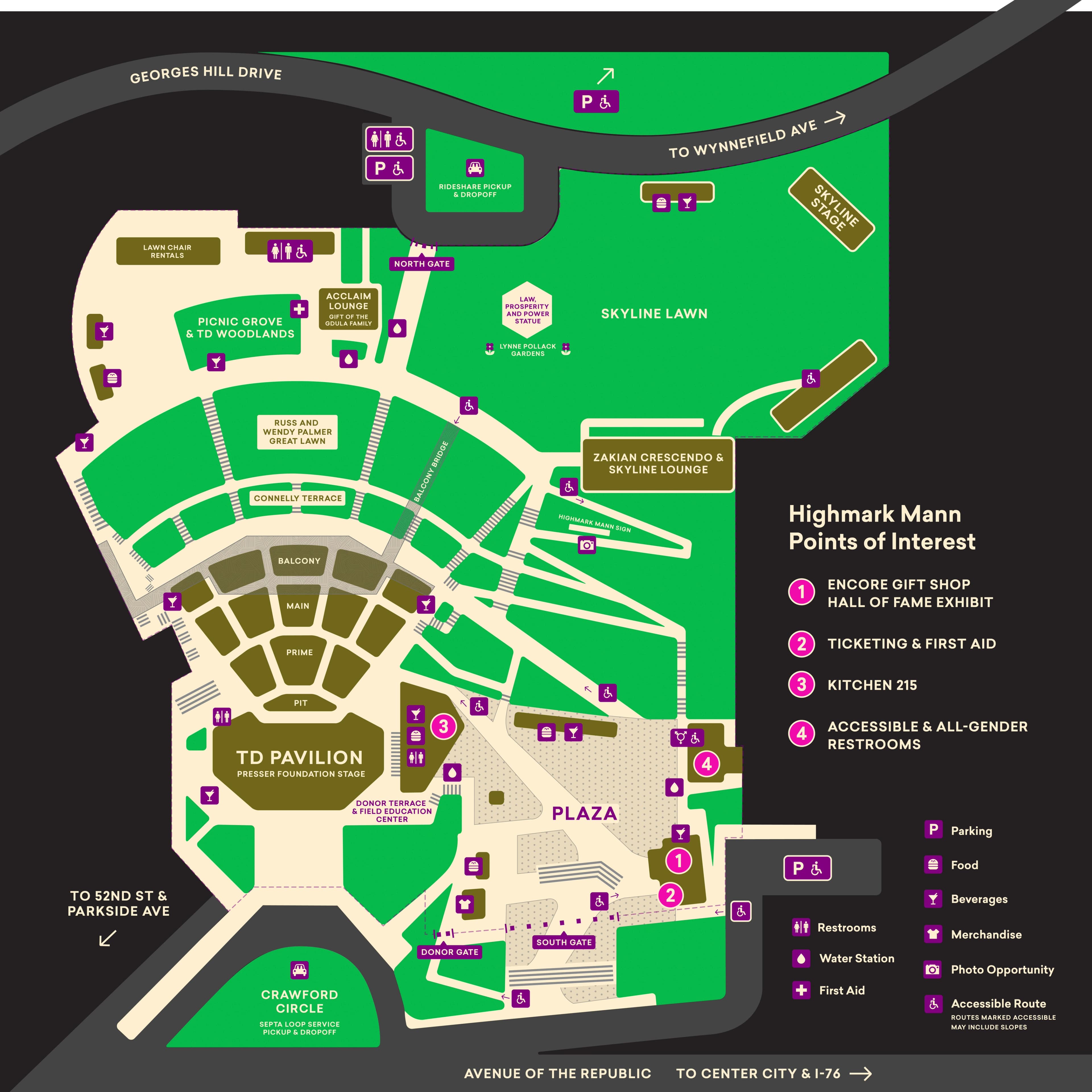 TD Pavilion at the Mann: Venue layout, TD Pavilion at Highmark Mann — July 2026 campus map. Use the original map for routes and visitor facilities.