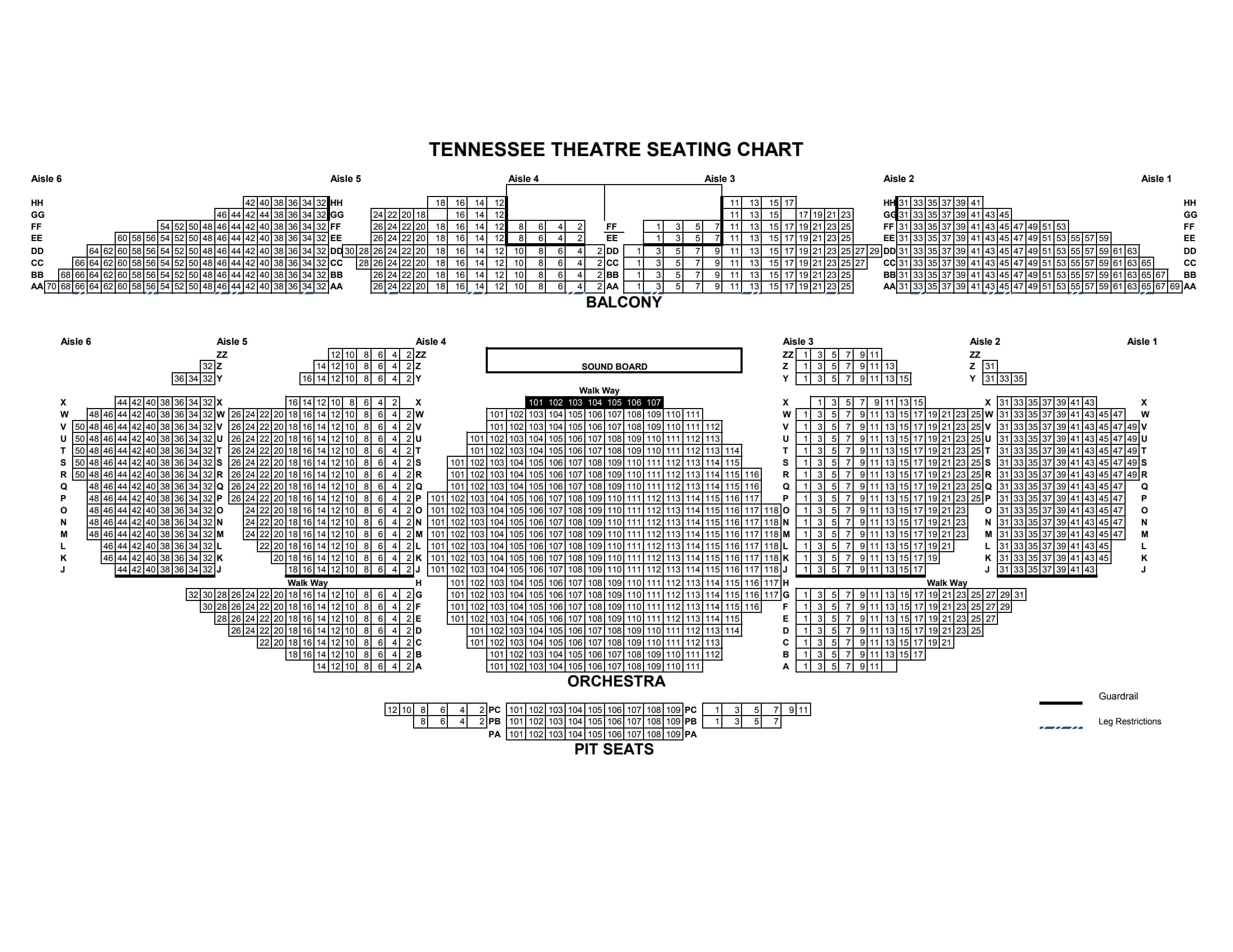 Tennessee Theatre: Seating chart, Theatre. Use the source chart for section and row details.