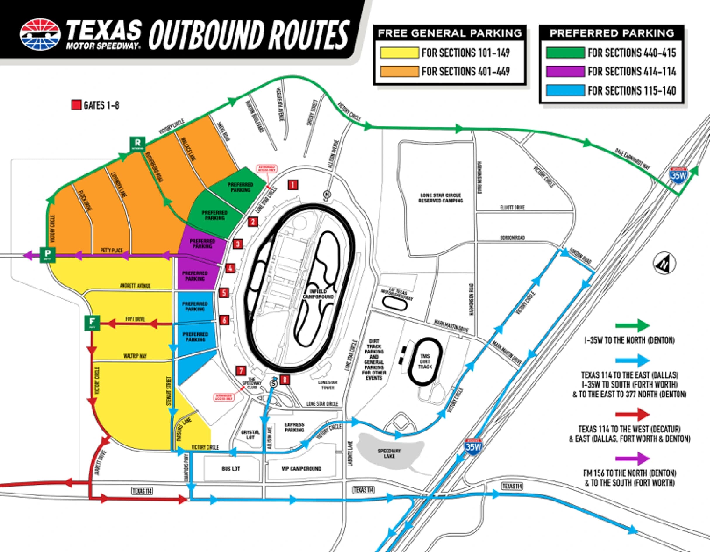 Texas Motor Speedway: Venue layout, Texas Motor Speedway · reviewed outbound routes and parking-section bands. Use the original map for routes and visitor facilities.