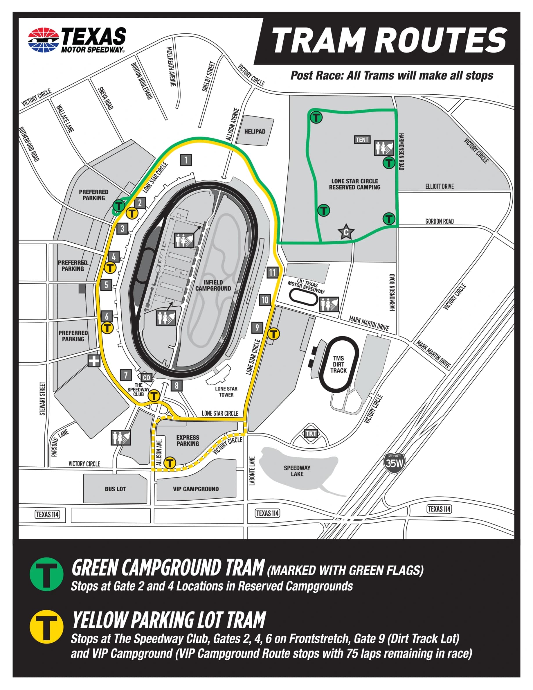 Texas Motor Speedway: Venue layout, Texas Motor Speedway · March 2026 tram routes and stop legend. Use the original map for routes and visitor facilities.