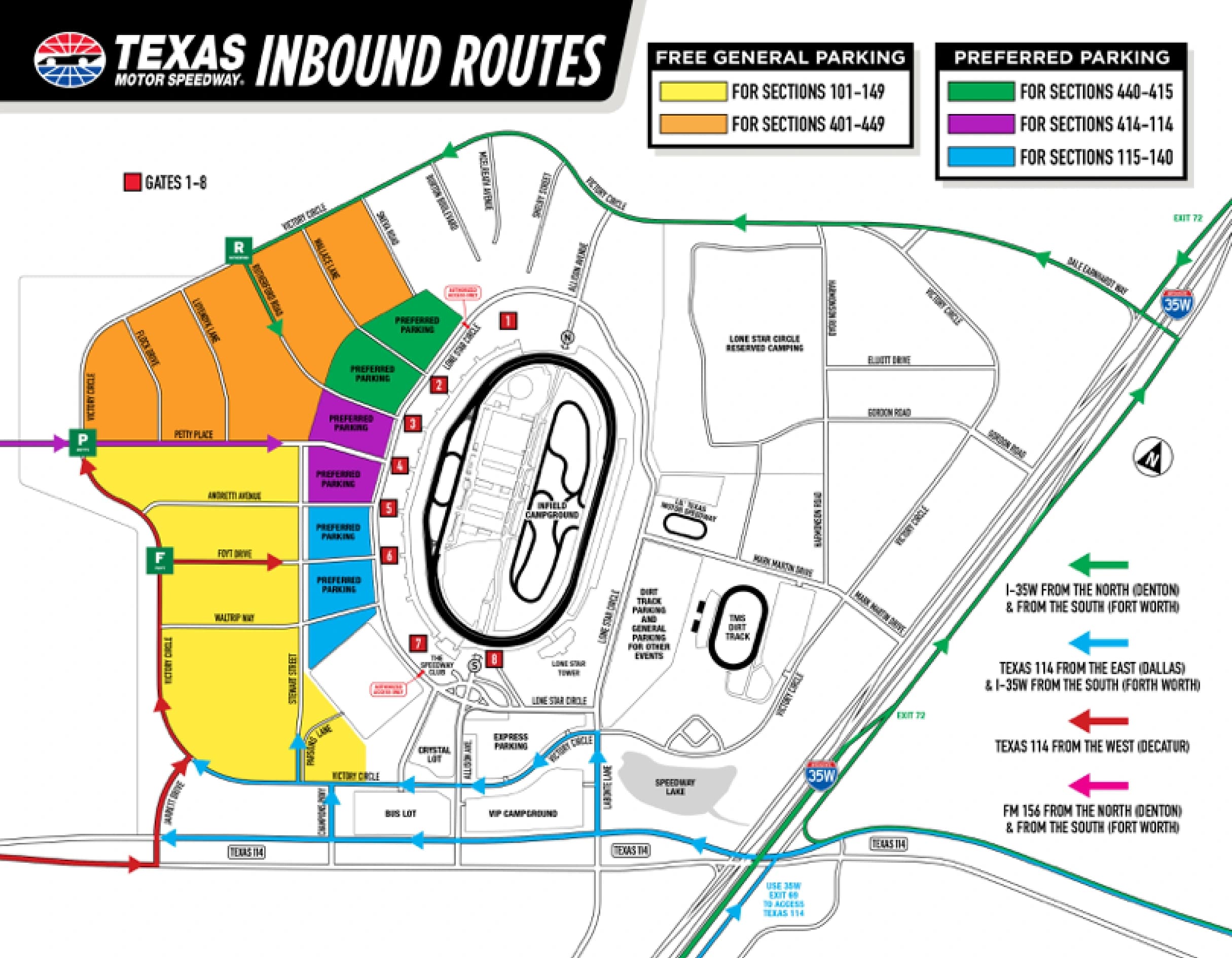 Texas Motor Speedway: Venue layout, Texas Motor Speedway · reviewed inbound routes and parking-section bands. Use the original map for routes and visitor facilities.