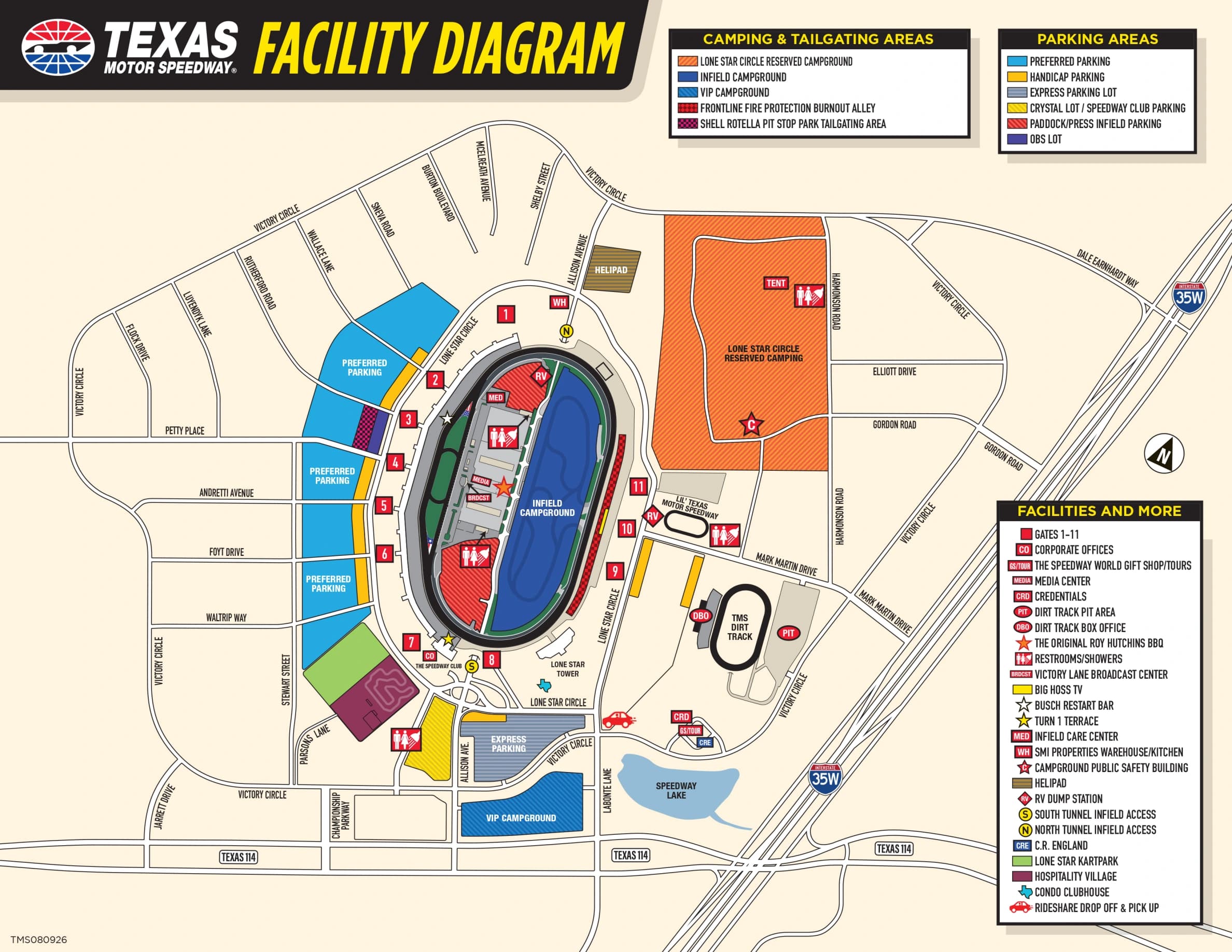 Texas Motor Speedway: Venue layout, Texas Motor Speedway · August 2026 full facility and arrival orientation. Use the original map for routes and visitor facilities.