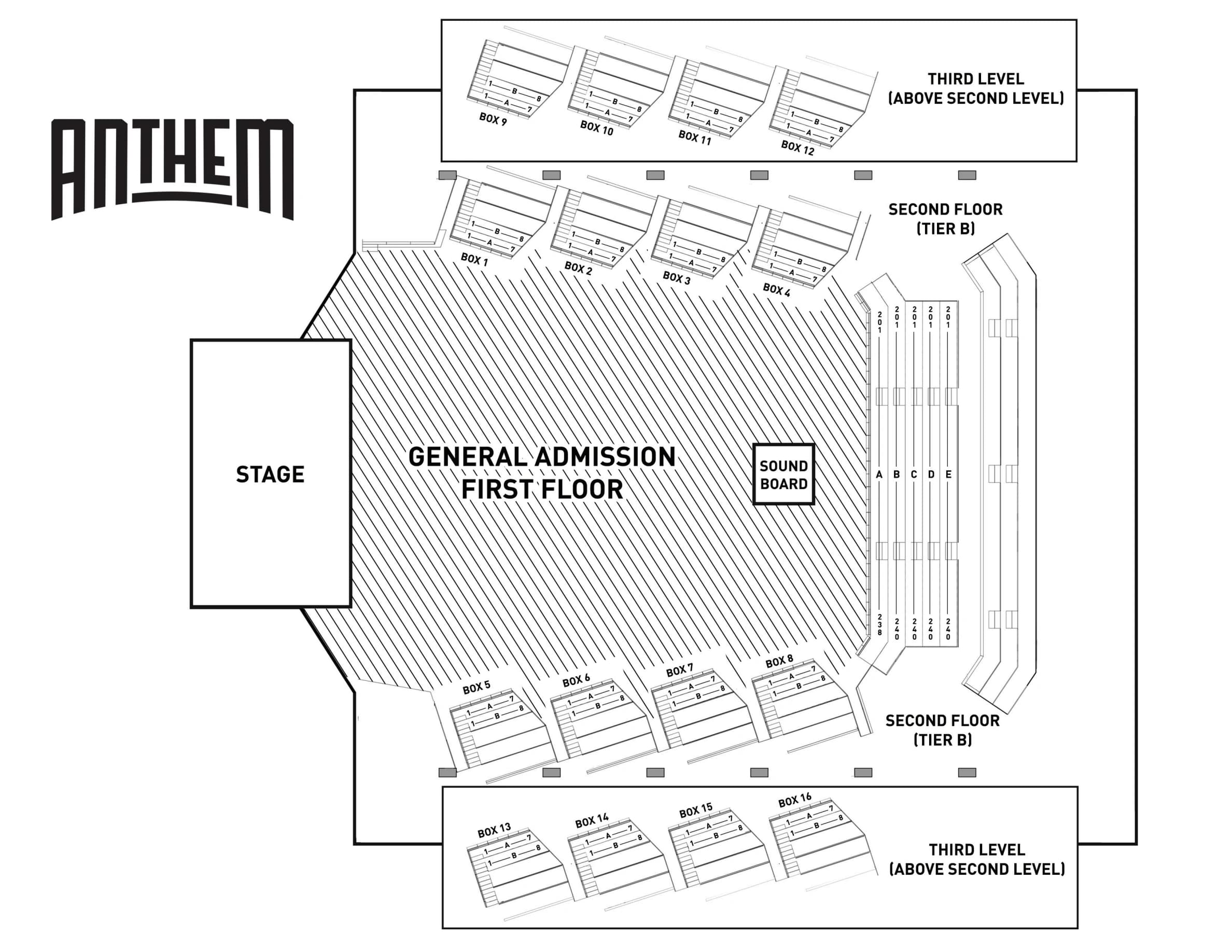 The Anthem: Seating chart, The Anthem — standing general-admission floor and reserved upper seating. Use the source chart for section and row details.