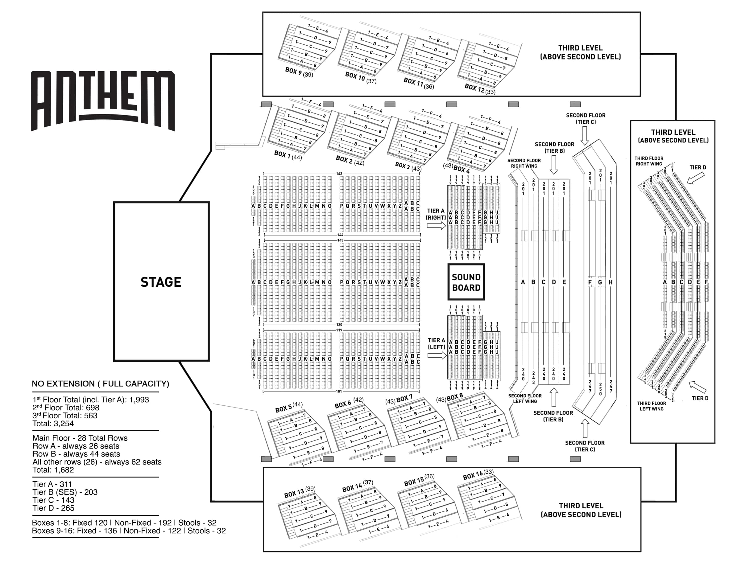 The Anthem: Seating chart, The Anthem — fully seated reference configuration. Use the source chart for section and row details.