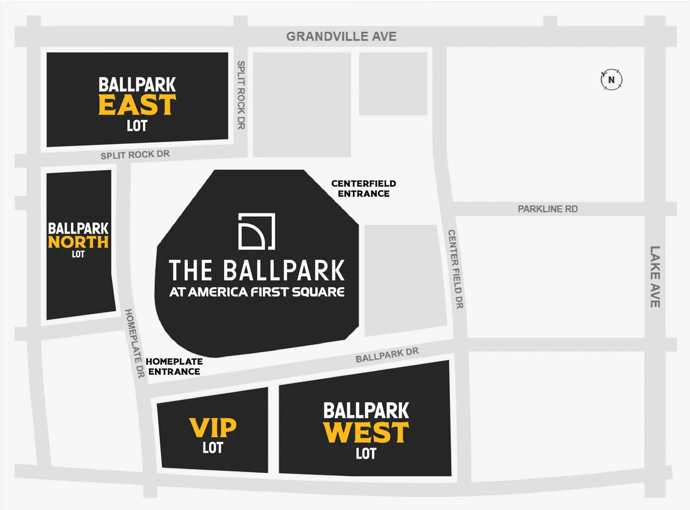 The Ballpark at America First Square: Venue layout, Team surrounding streets, parking lots and entrance plan. Use the original map for routes and visitor facilities.