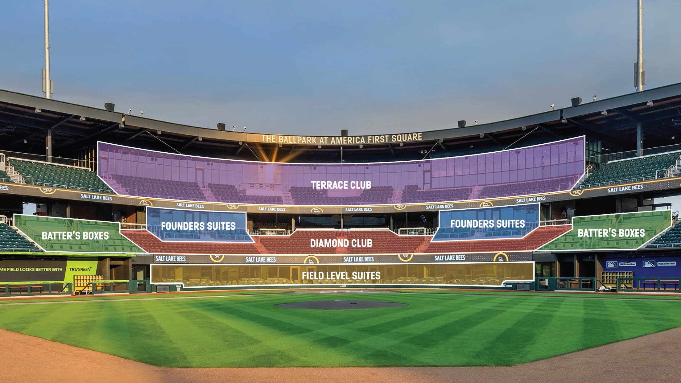 The Ballpark at America First Square: Seating chart, Team photographic premium-level orientation diagram. Use the source chart for section and row details.