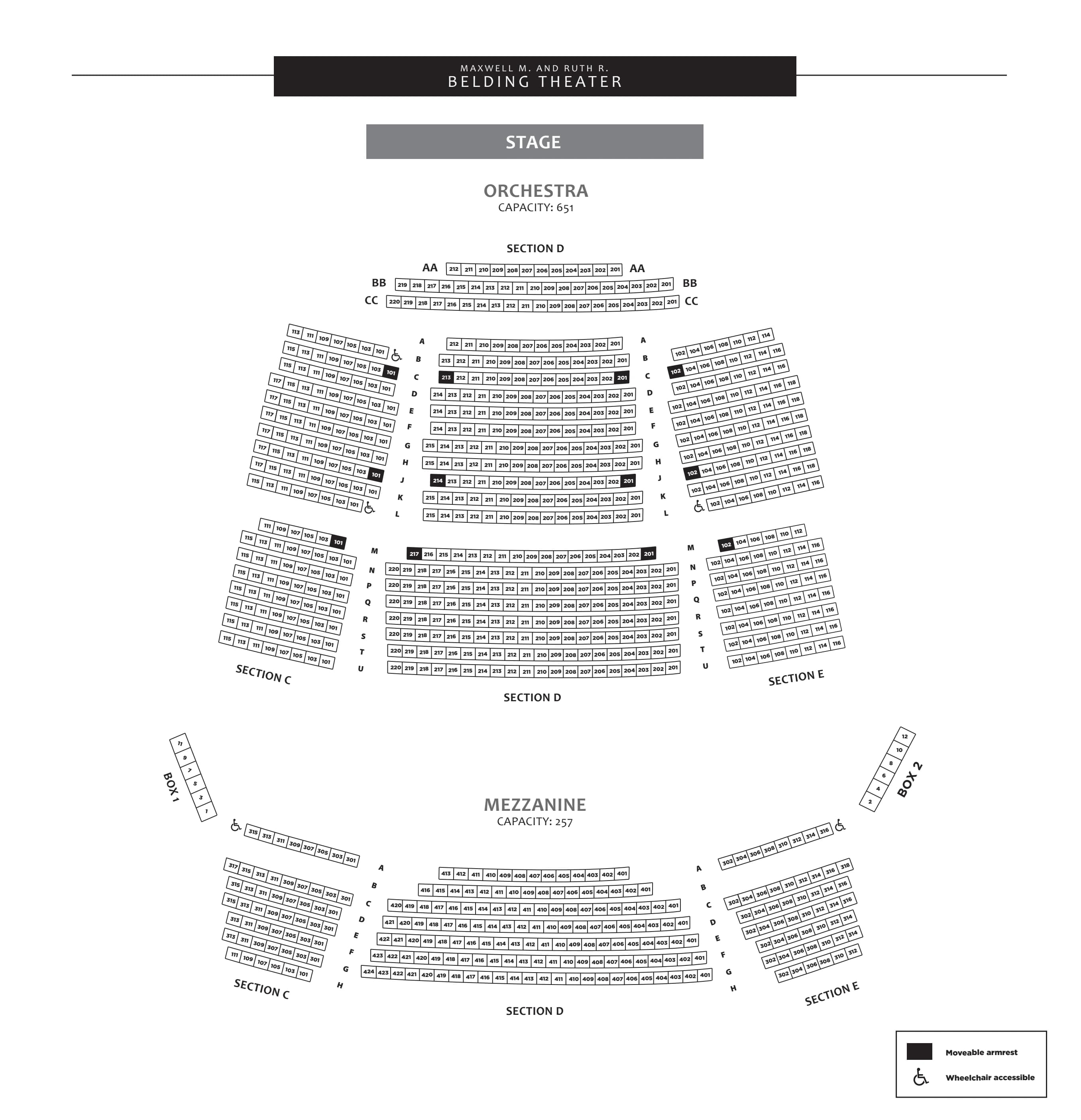 The Bushnell: Seating chart, Belding Theater. Use the source chart for section and row details.
