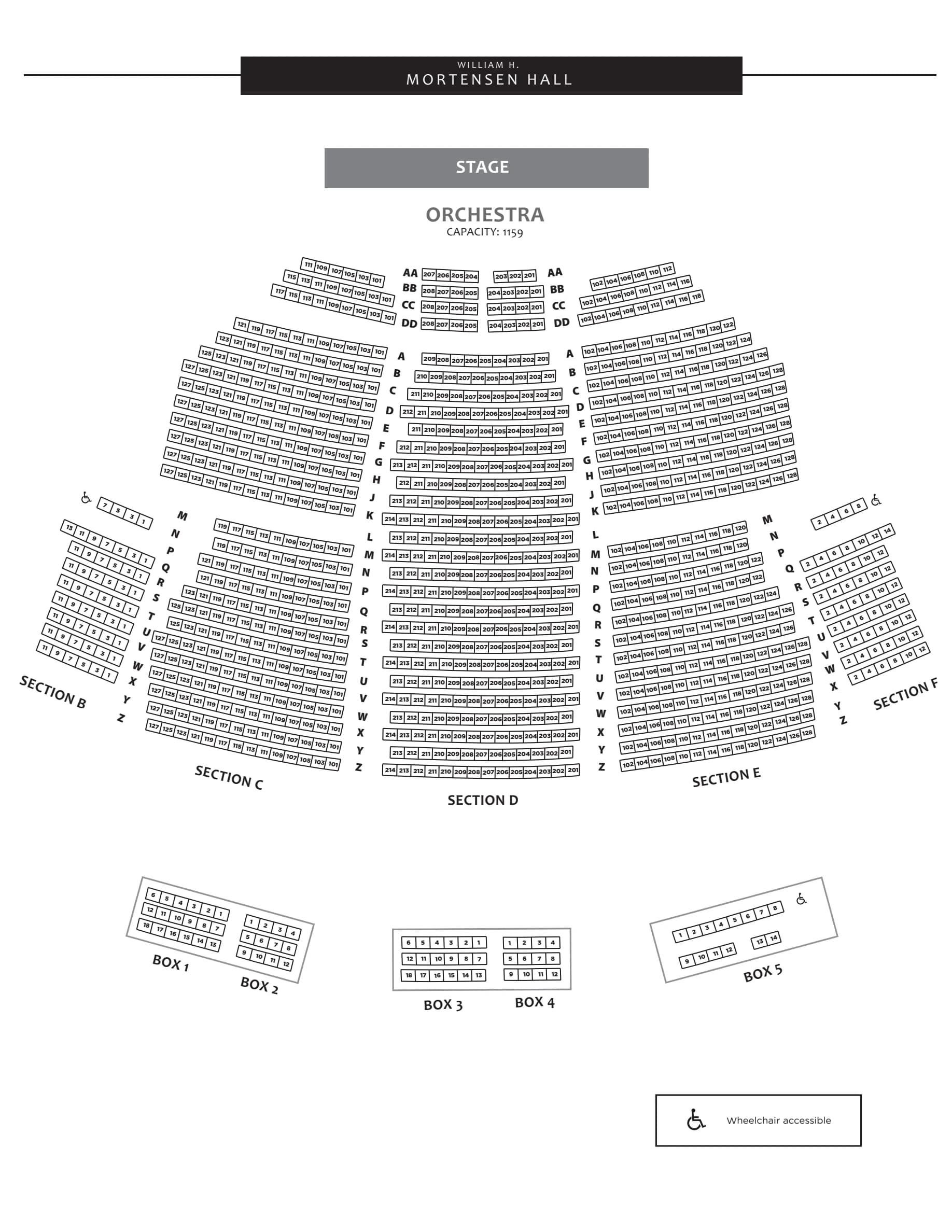 The Bushnell: Seating chart, Mortensen Hall. Use the source chart for section and row details.
