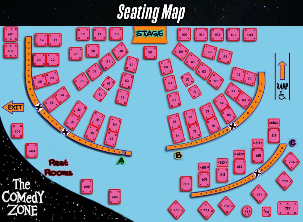 The Comedy Zone Charlotte: Seating chart, The Comedy Zone Charlotte — official numbered tables and ramp. Use the source chart for section and row details.