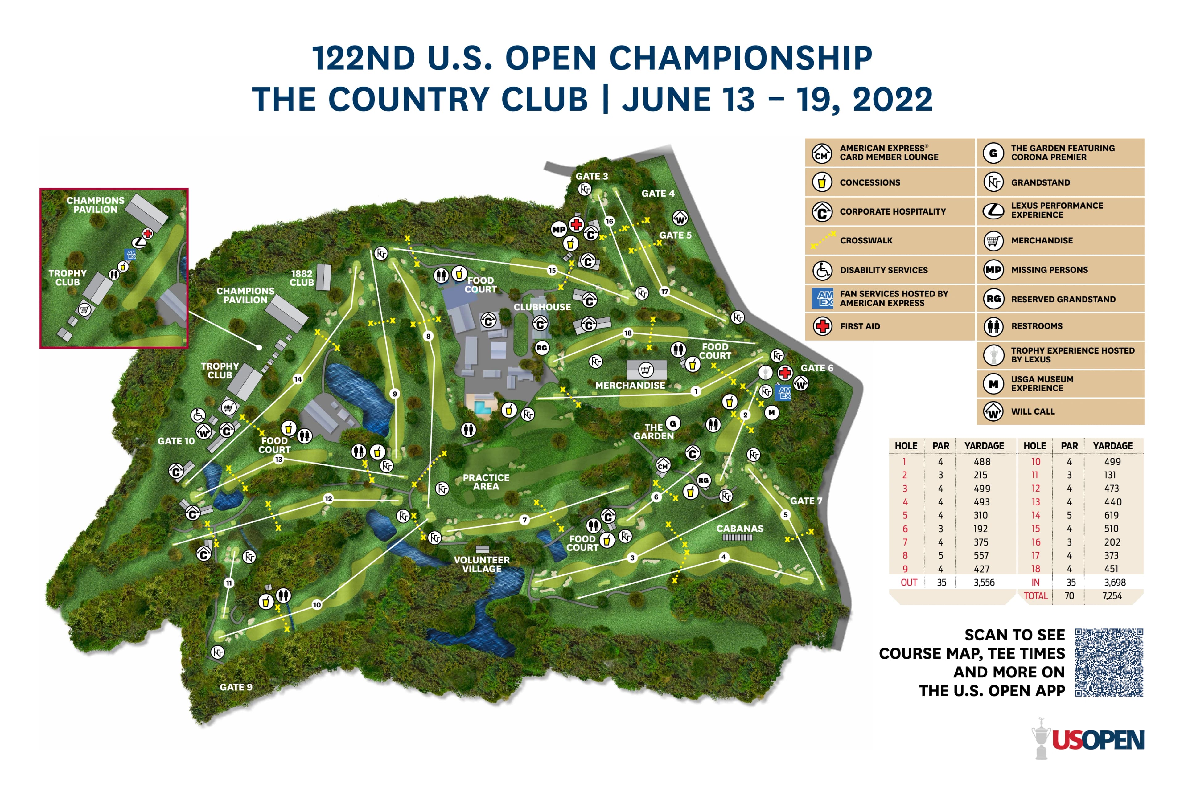 The Country Club: Venue layout, The Country Club · June 13–19, 2022 U.S. Open course and spectator reference. Use the original map for routes and visitor facilities.