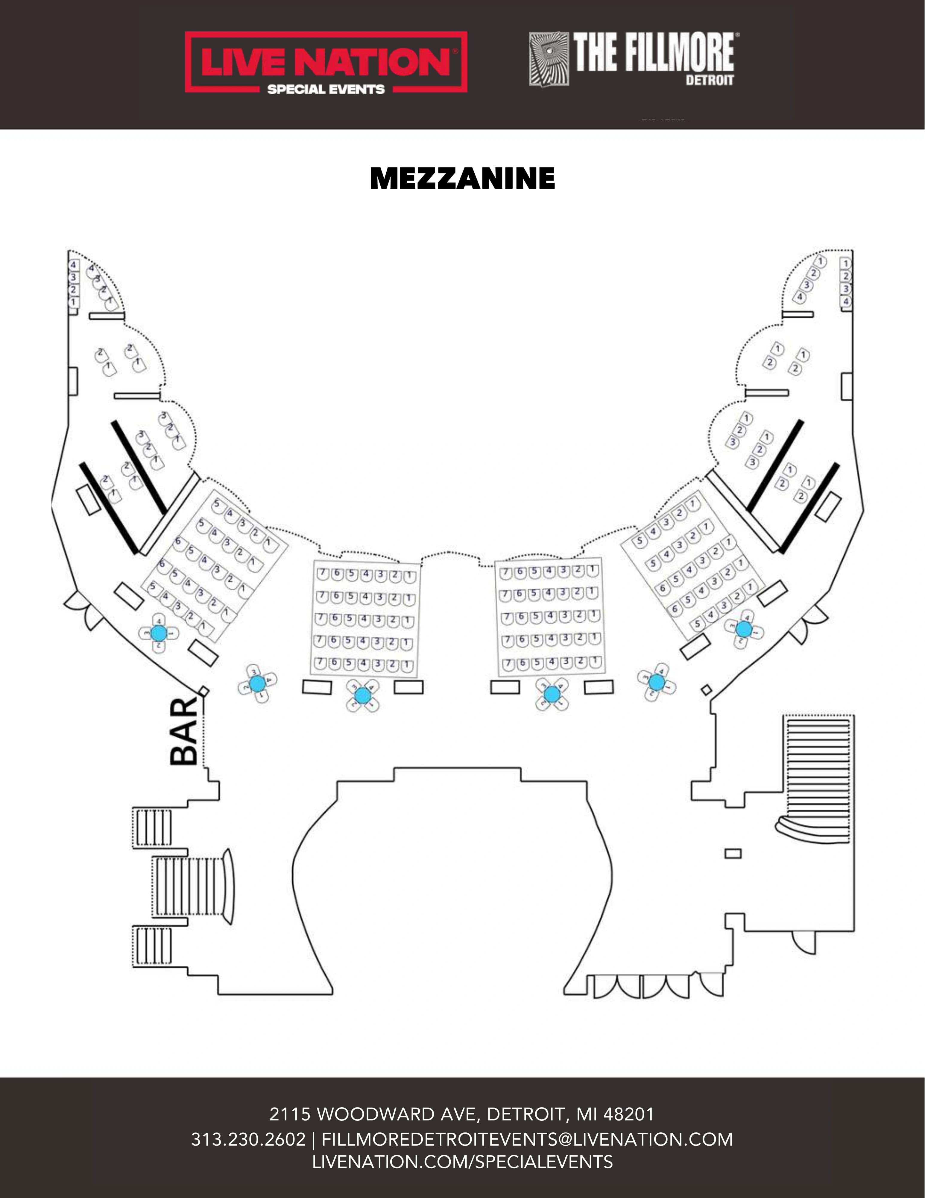 The Fillmore Detroit: Seating chart, Detroit · mezzanine reference. Use the source chart for section and row details.