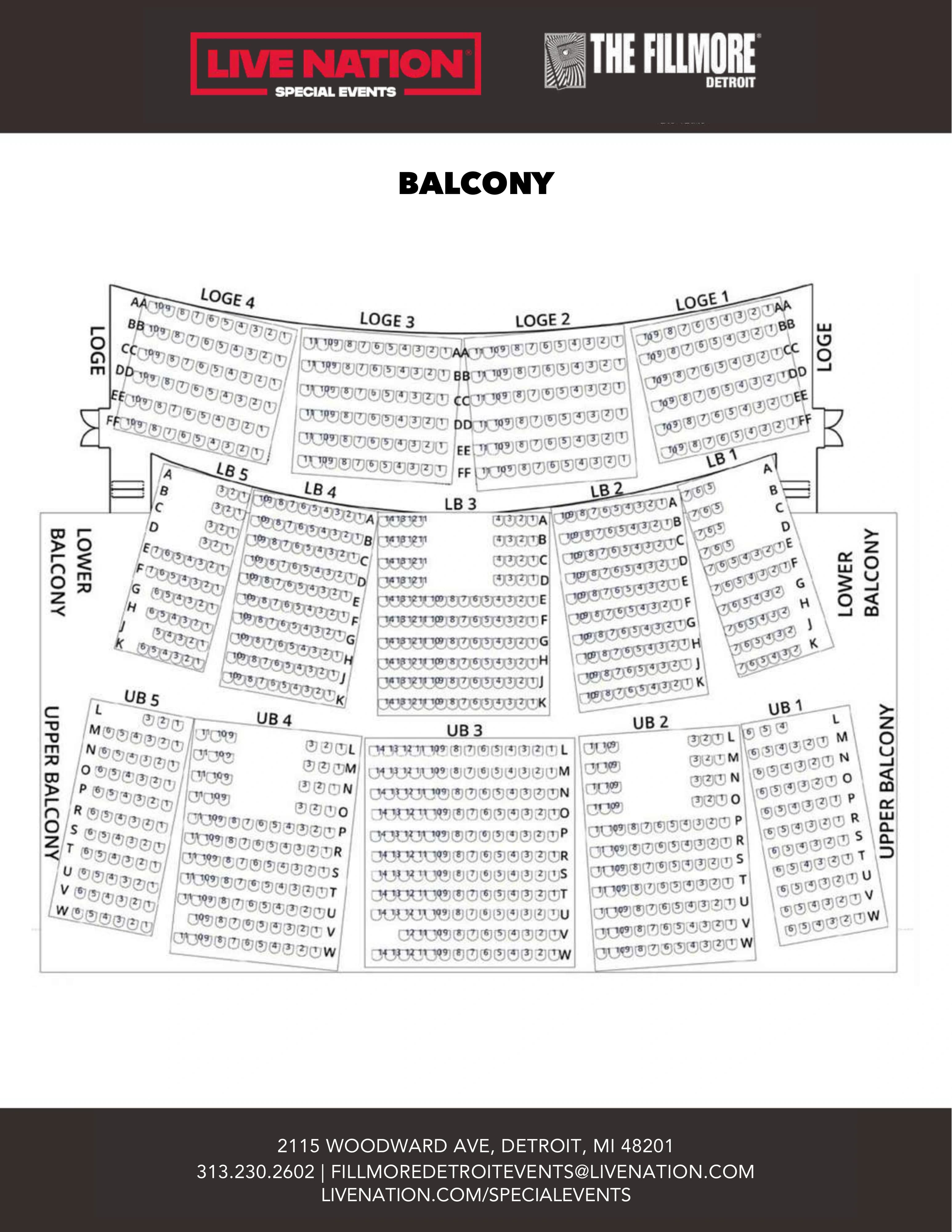 The Fillmore Detroit: Seating chart, Detroit · balcony reference. Use the source chart for section and row details.