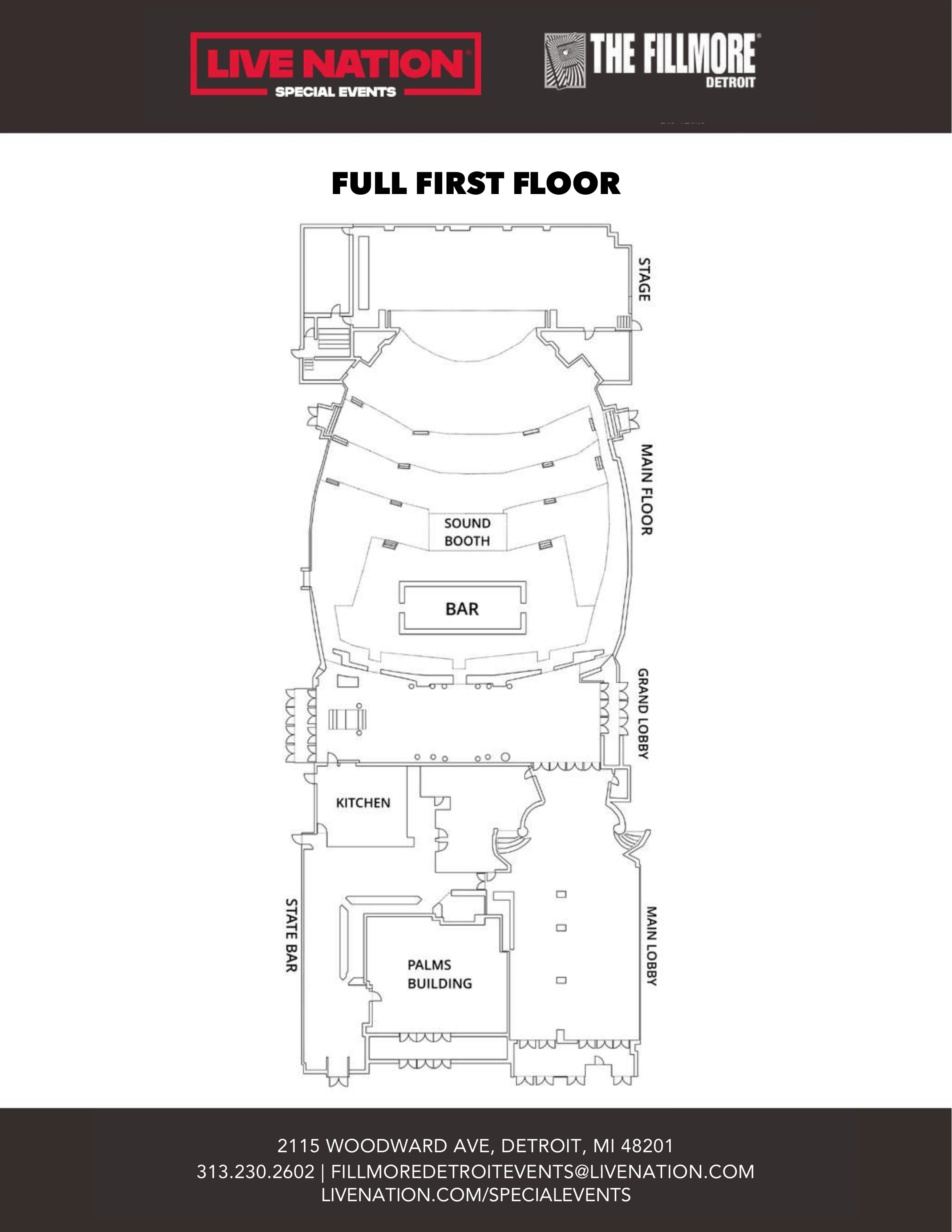 The Fillmore Detroit: Venue layout, Detroit · full first floor reference. Use the original map for routes and visitor facilities.