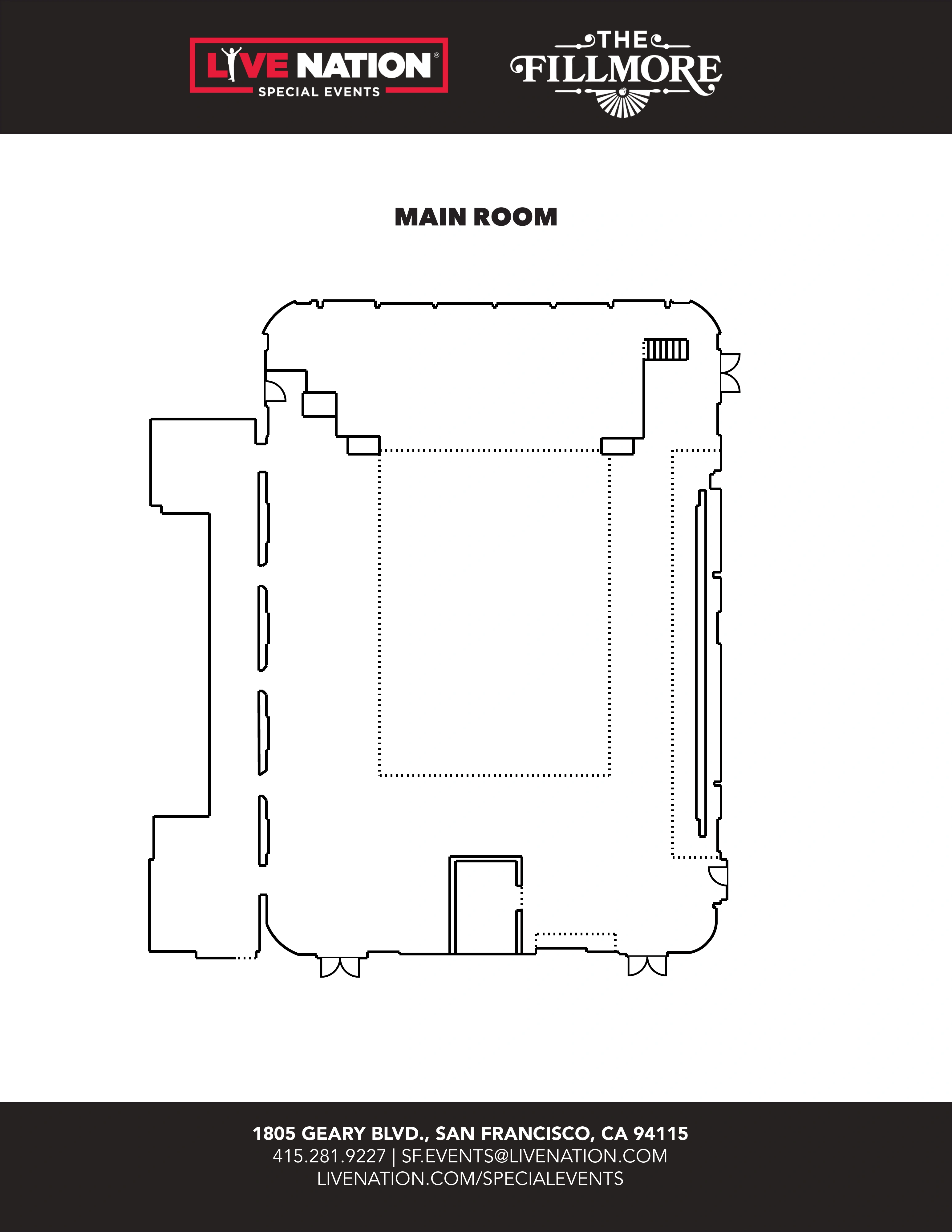 The Fillmore: Venue layout, San Francisco · main room orientation. Use the original map for routes and visitor facilities.