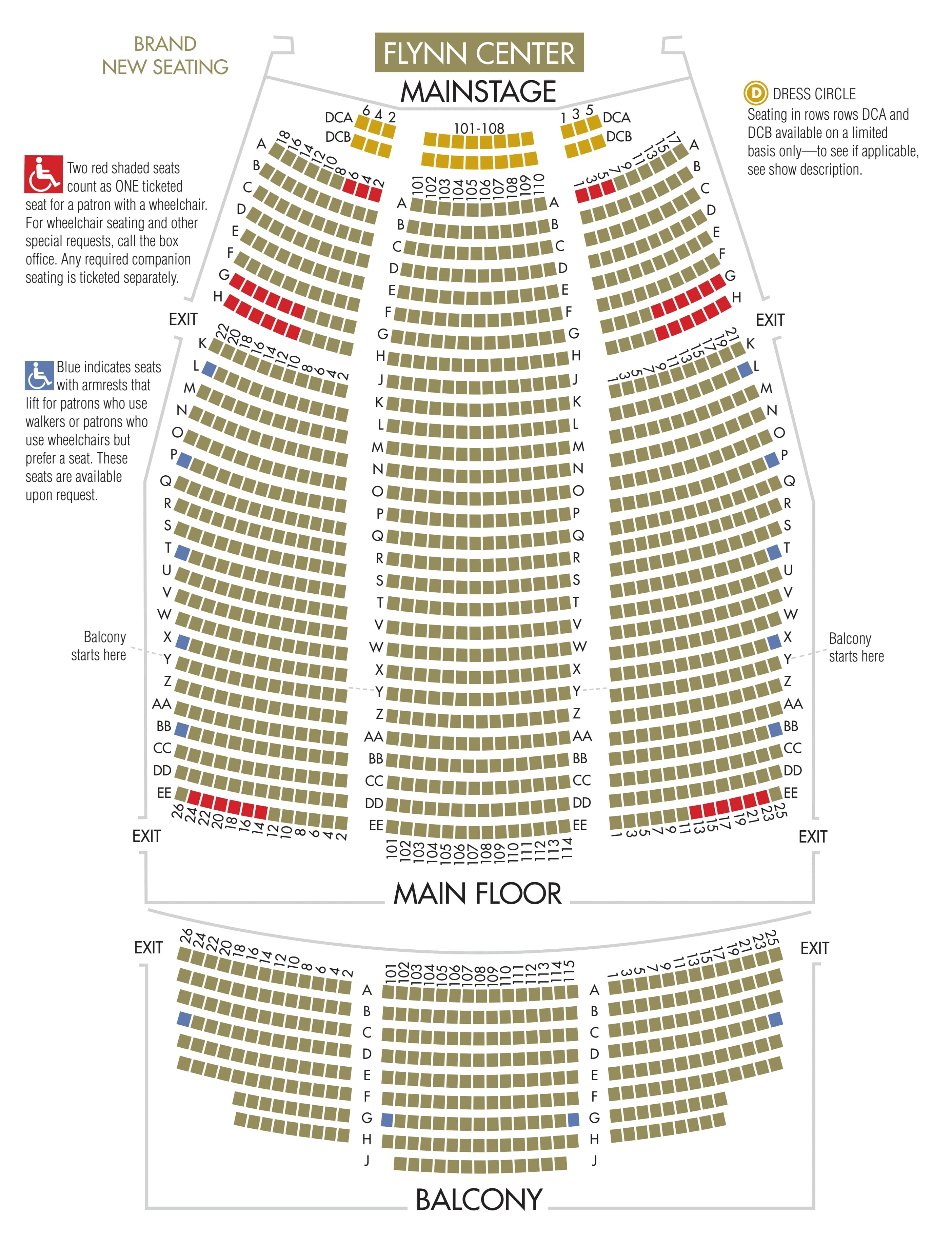 The Flynn: Seating chart, The Flynn — Main Stage seating chart. Use the source chart for section and row details.