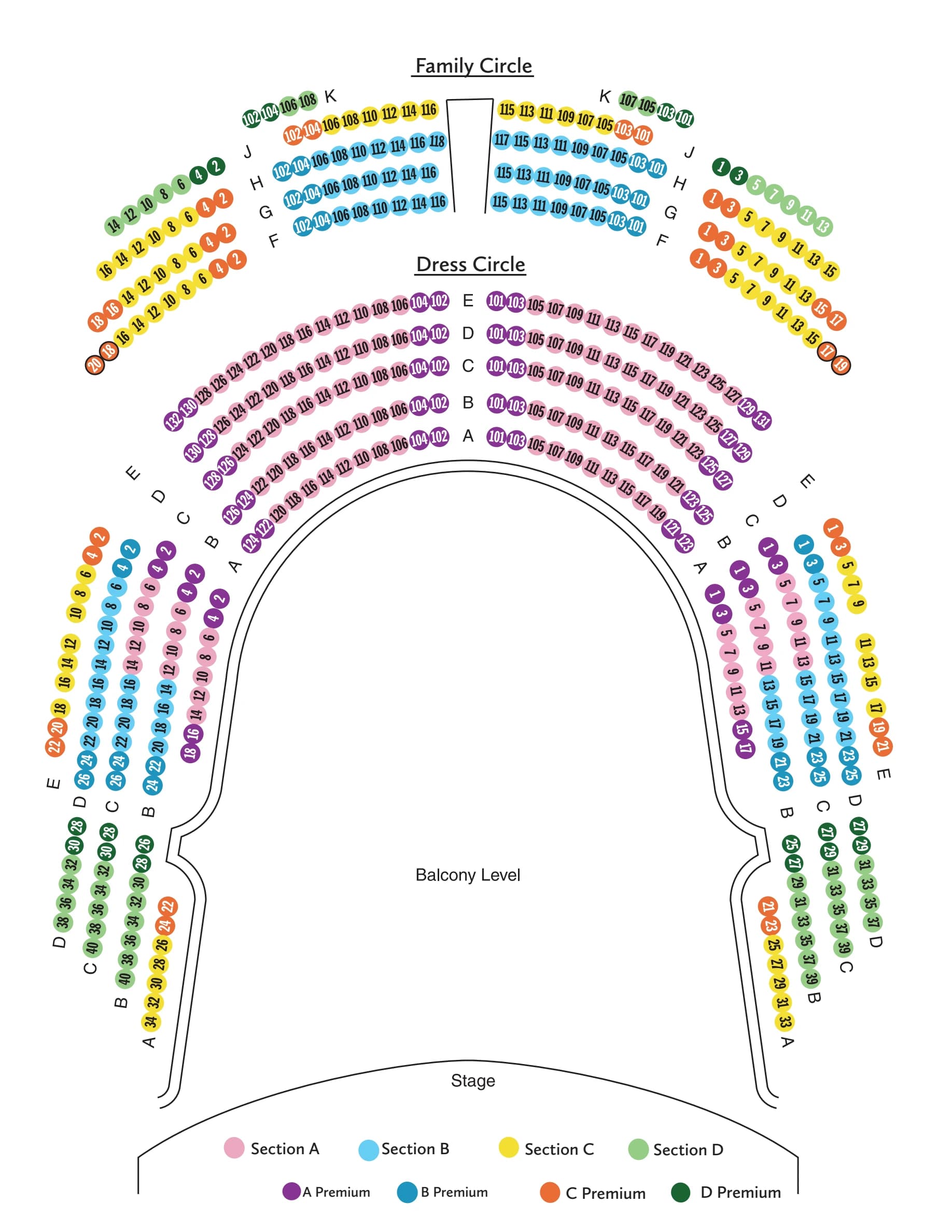 The Grand Opera House: Seating chart, Numbered-seat reference · Copeland Hall dress and family circles (2023–24 source). Use the source chart for section and row details.