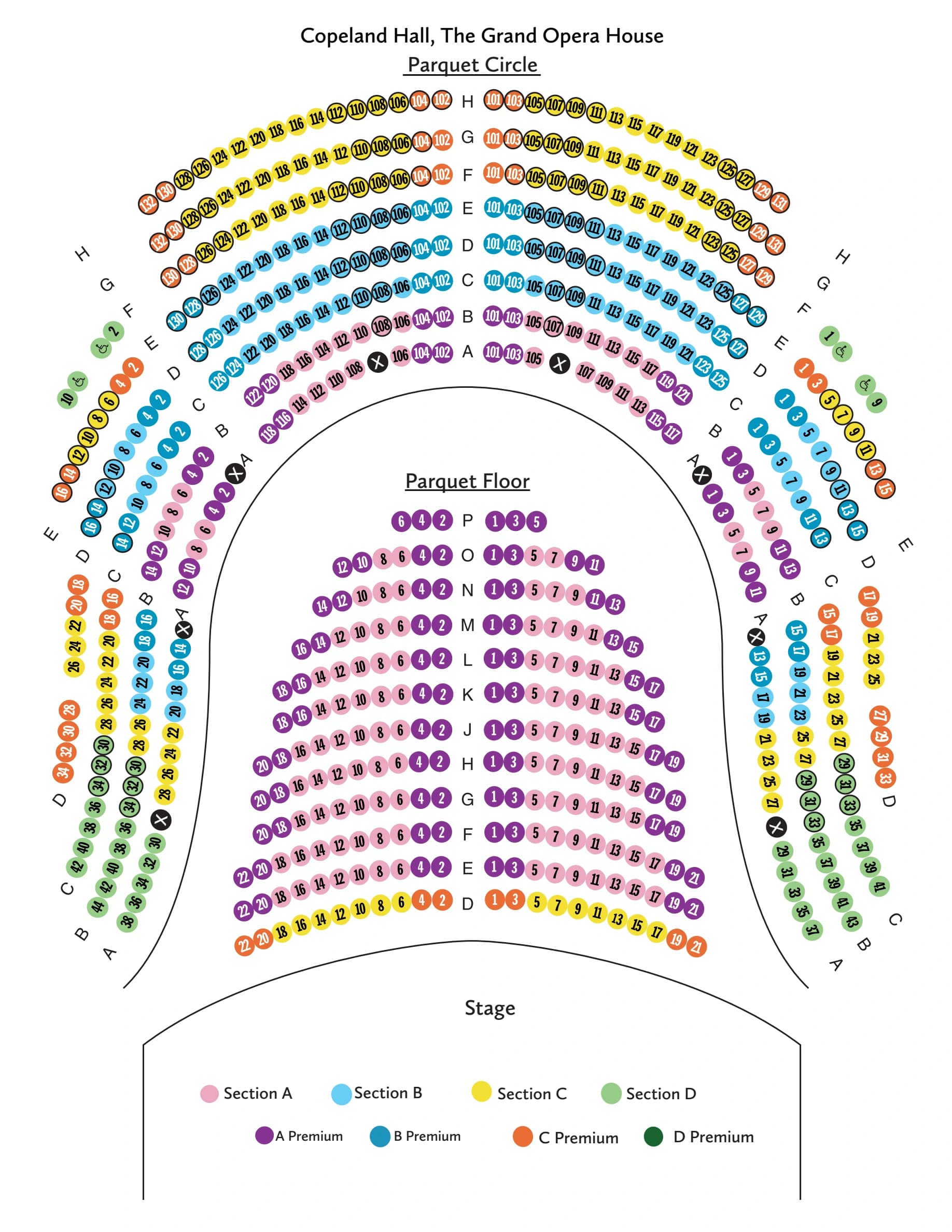 The Grand Opera House: Seating chart, Numbered-seat reference · Copeland Hall parquet floor and circle (2023–24 source). Use the source chart for section and row details.