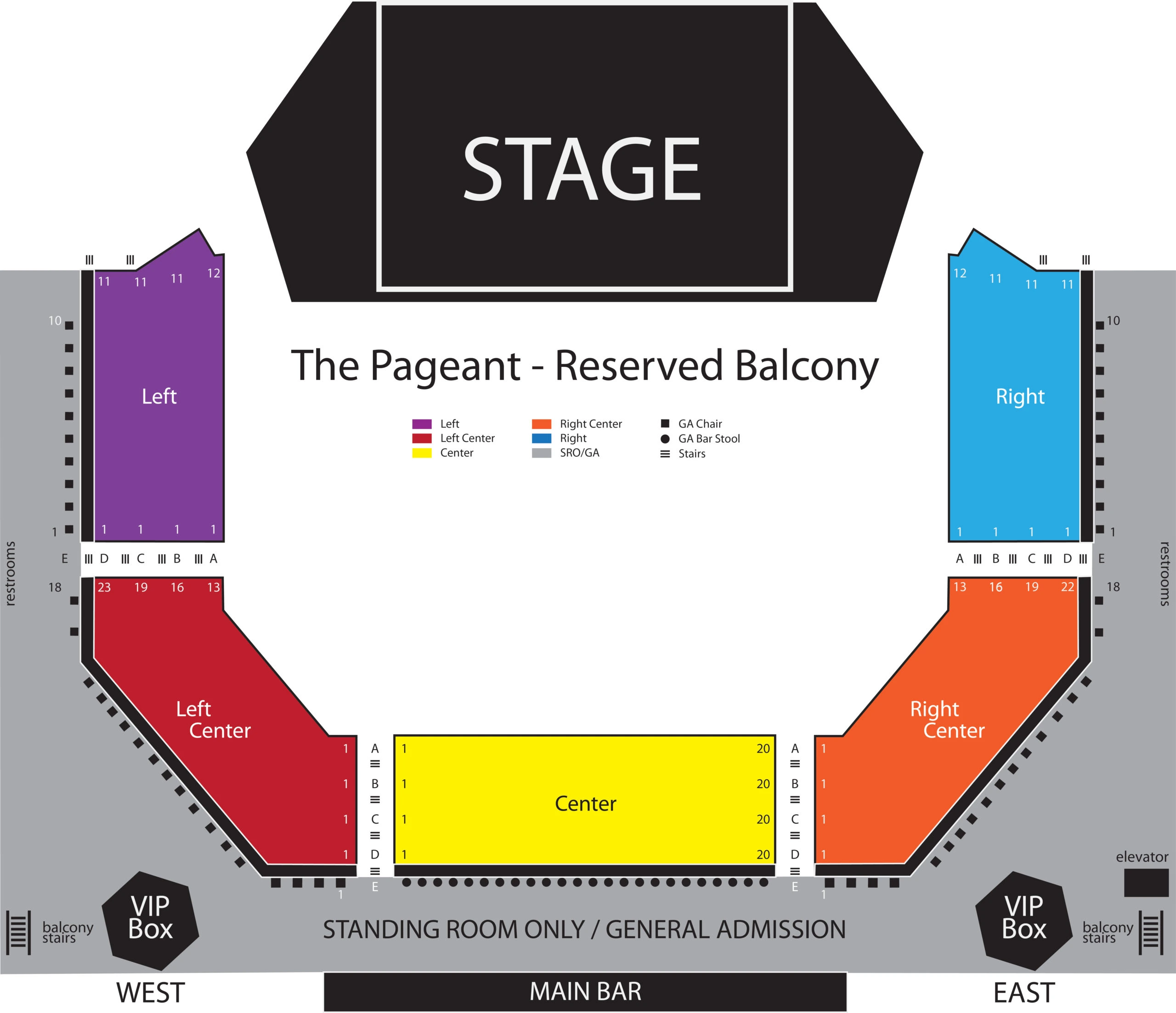 The Pageant: Seating chart, The Pageant — reserved balcony chart. Use the source chart for section and row details.