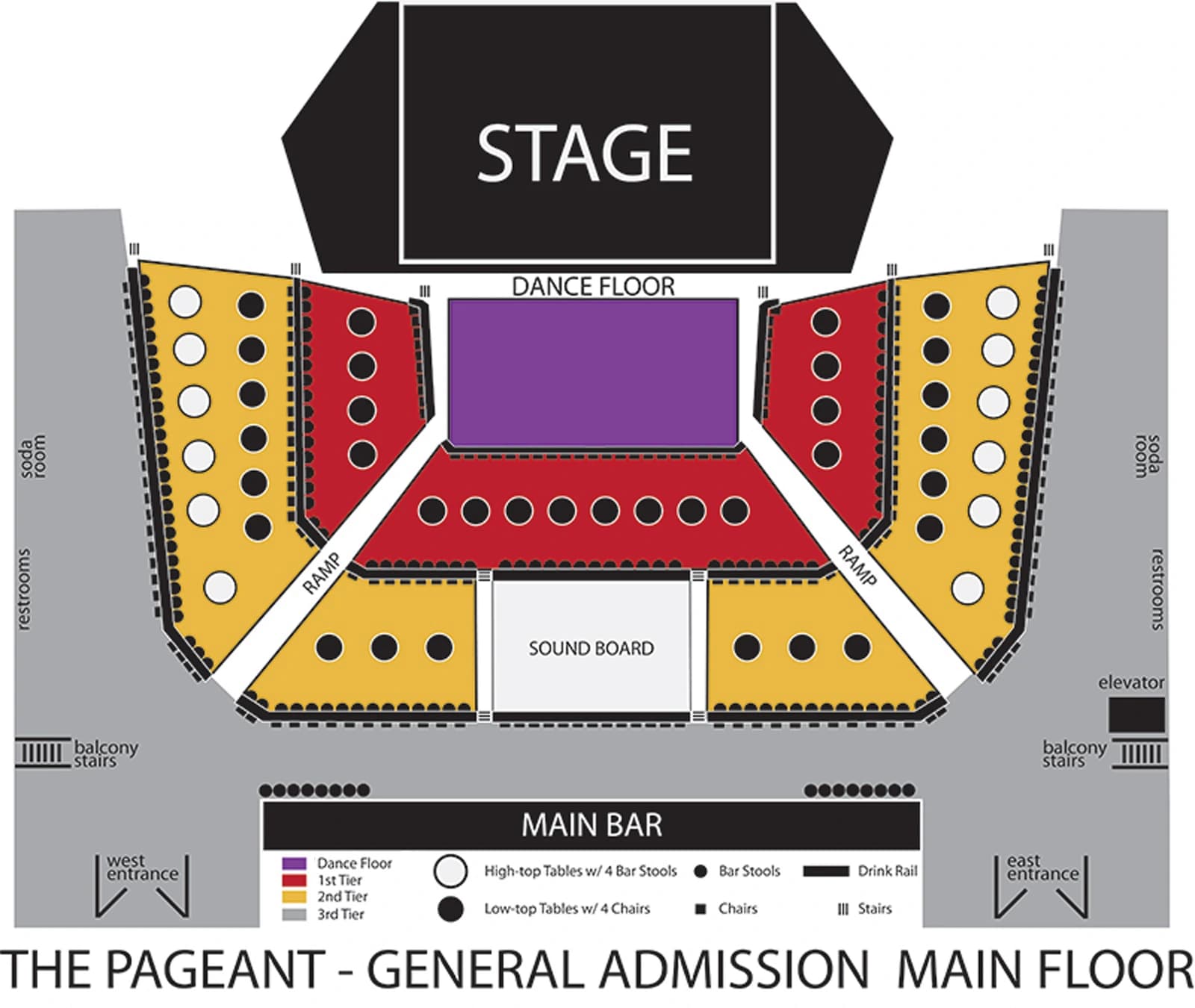 The Pageant: Venue layout, The Pageant — general-admission main-floor layout. Use the original map for routes and visitor facilities.