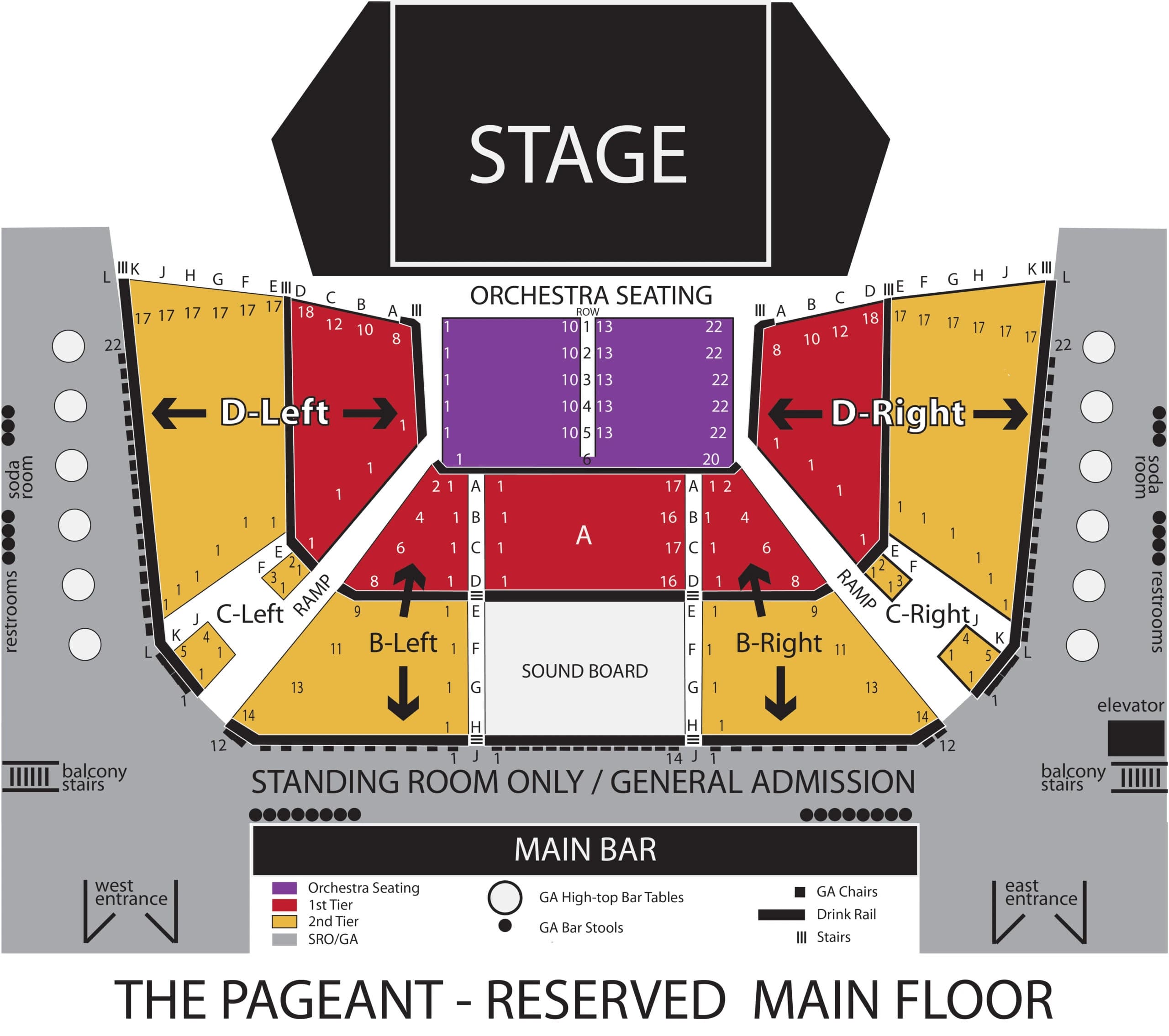 The Pageant: Seating chart, The Pageant — reserved main-floor chart. Use the source chart for section and row details.