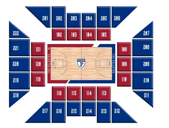 The Palestra: Seating chart, Basketball. Use the source chart for section and row details.
