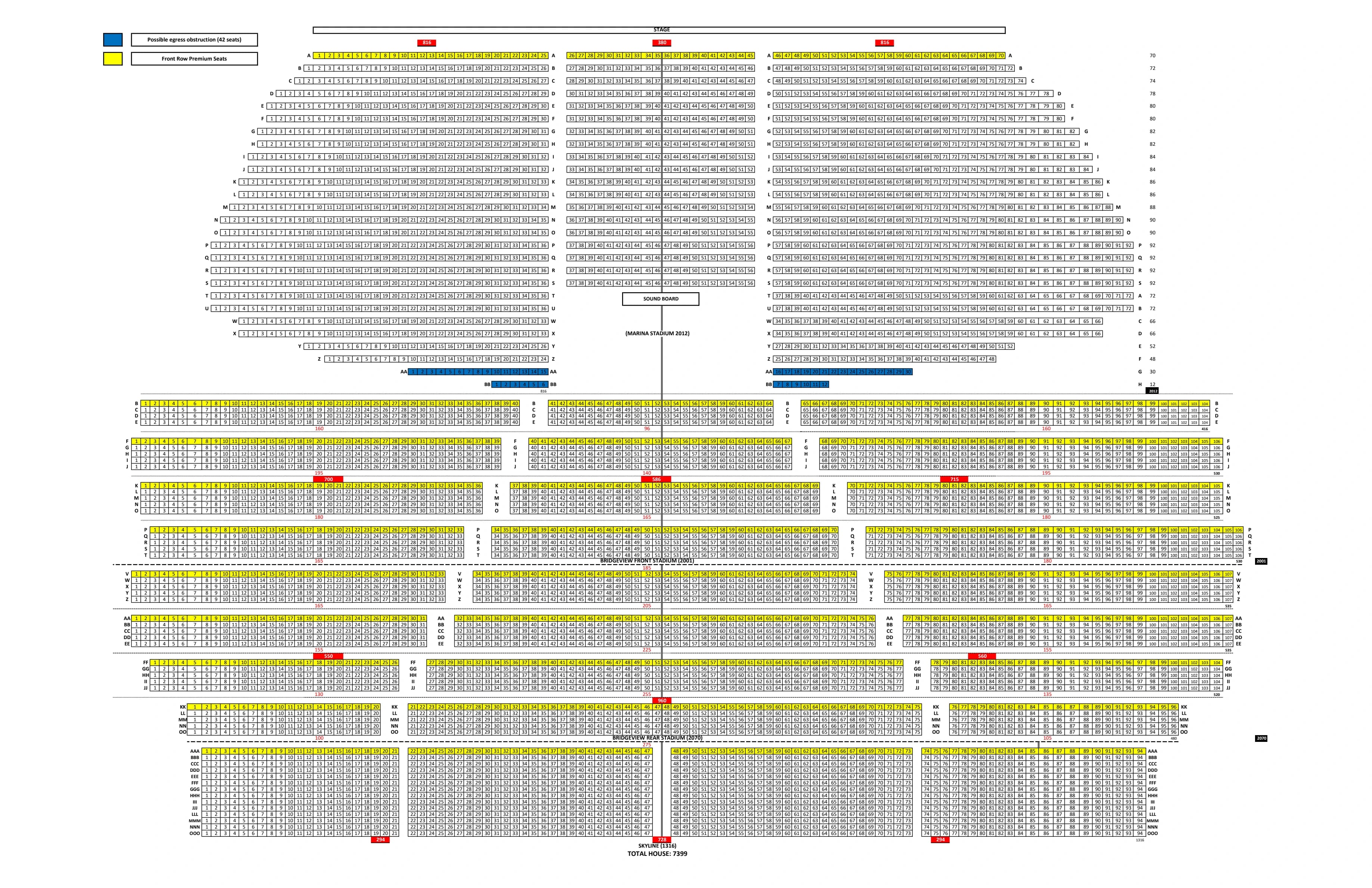 The Rady Shell at Jacobs Park: Seating chart, Concert · 7,400-seat setup. Use the source chart for section and row details.