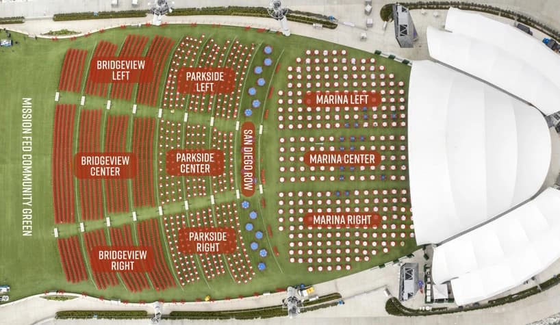 The Rady Shell at Jacobs Park: Seating chart, Concert · section overview. Use the source chart for section and row details.