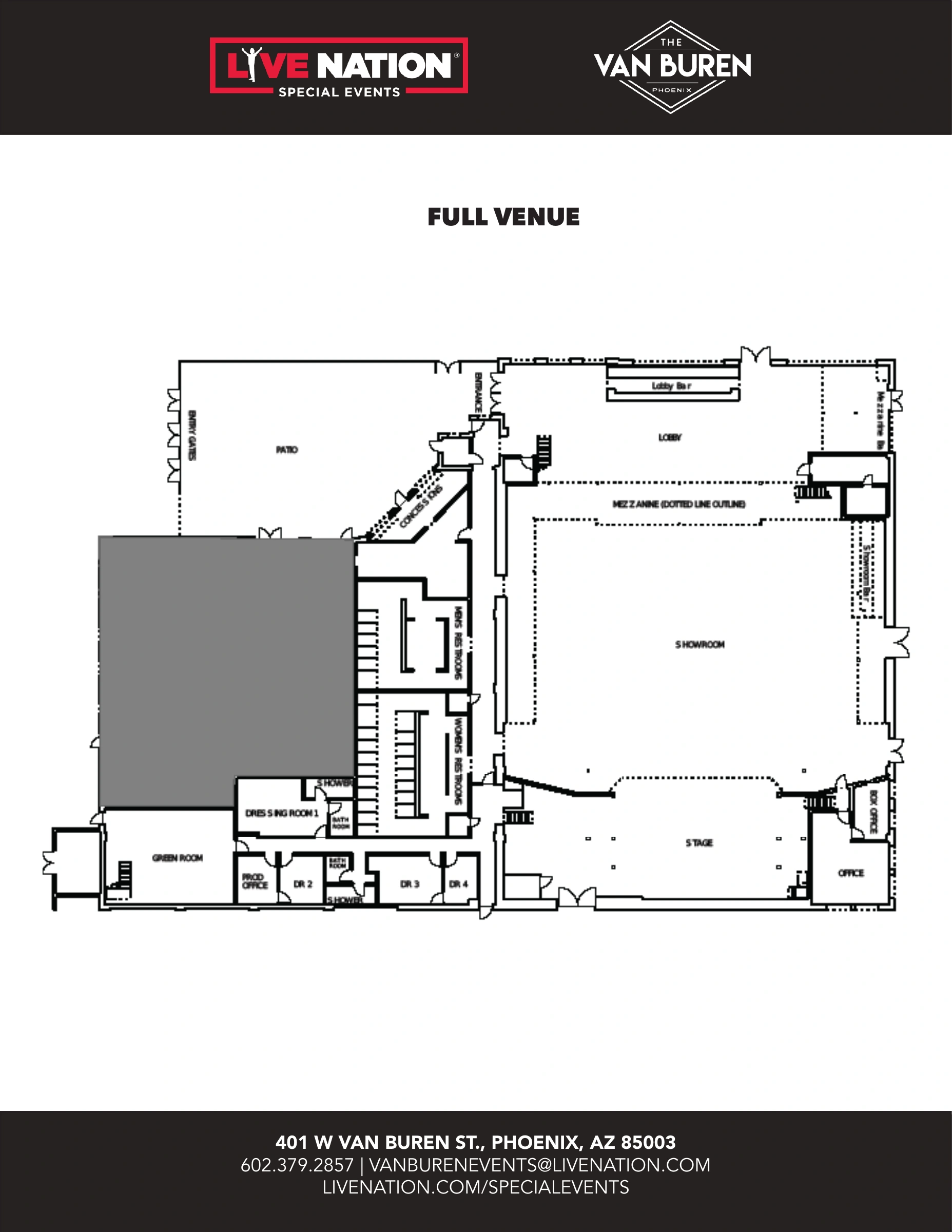 The Van Buren: Venue layout, Full venue · showroom, stage and patio. Use the original map for routes and visitor facilities.